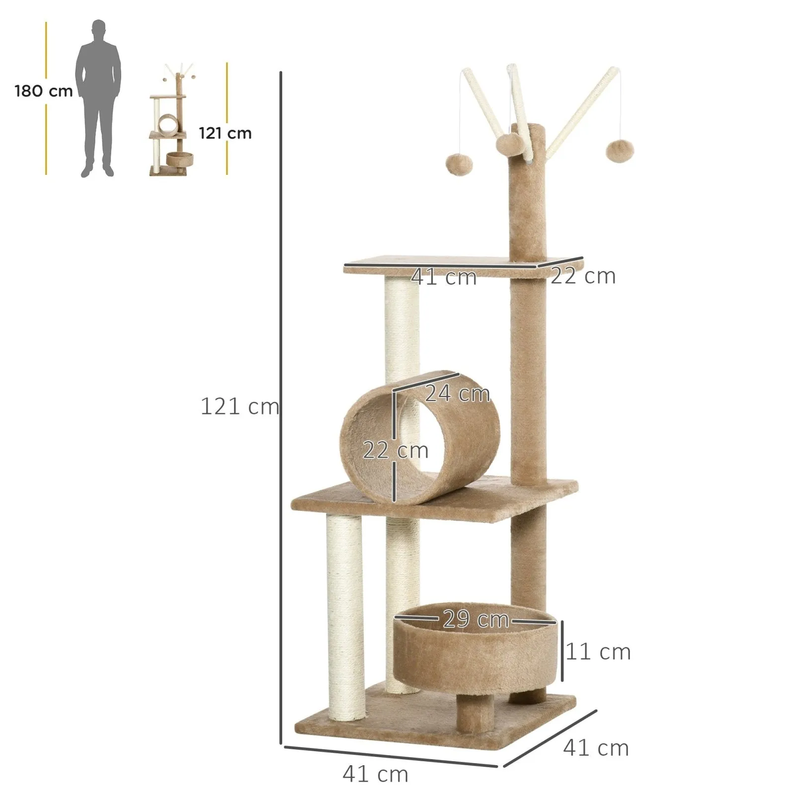 121cm Cat Tree Tower Kitten Activity Center Scratching Post with Bed Tunnel Perch Interactive Ball Toy Brown
