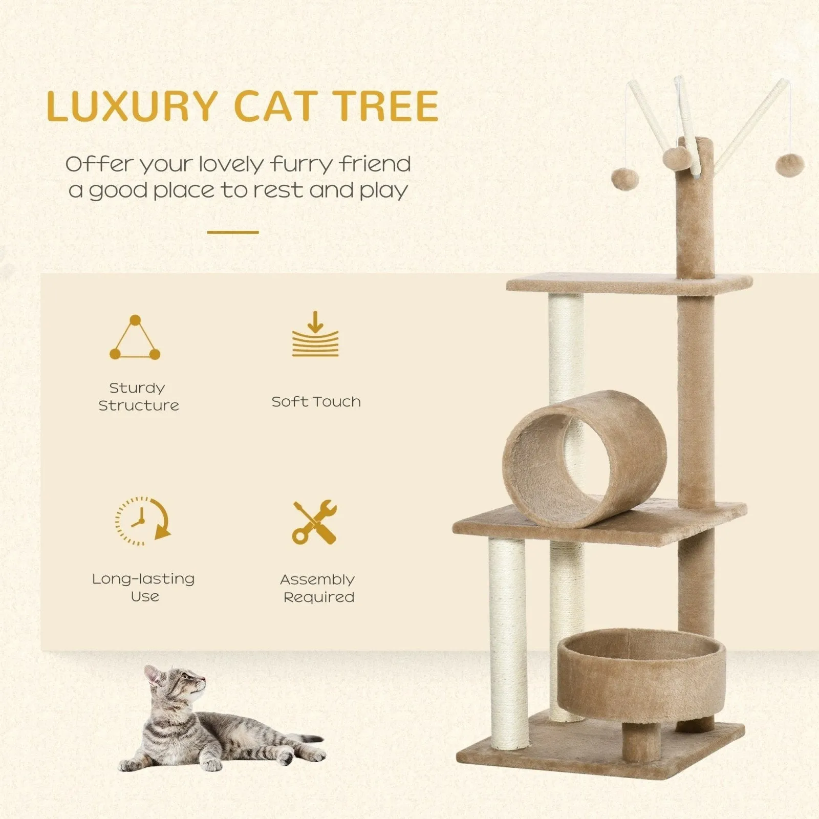 121cm Cat Tree Tower Kitten Activity Center Scratching Post with Bed Tunnel Perch Interactive Ball Toy Brown