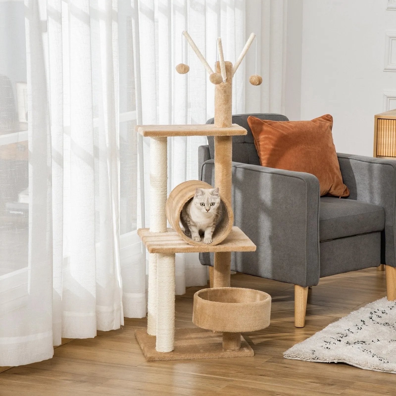 121cm Cat Tree Tower Kitten Activity Center Scratching Post with Bed Tunnel Perch Interactive Ball Toy Brown