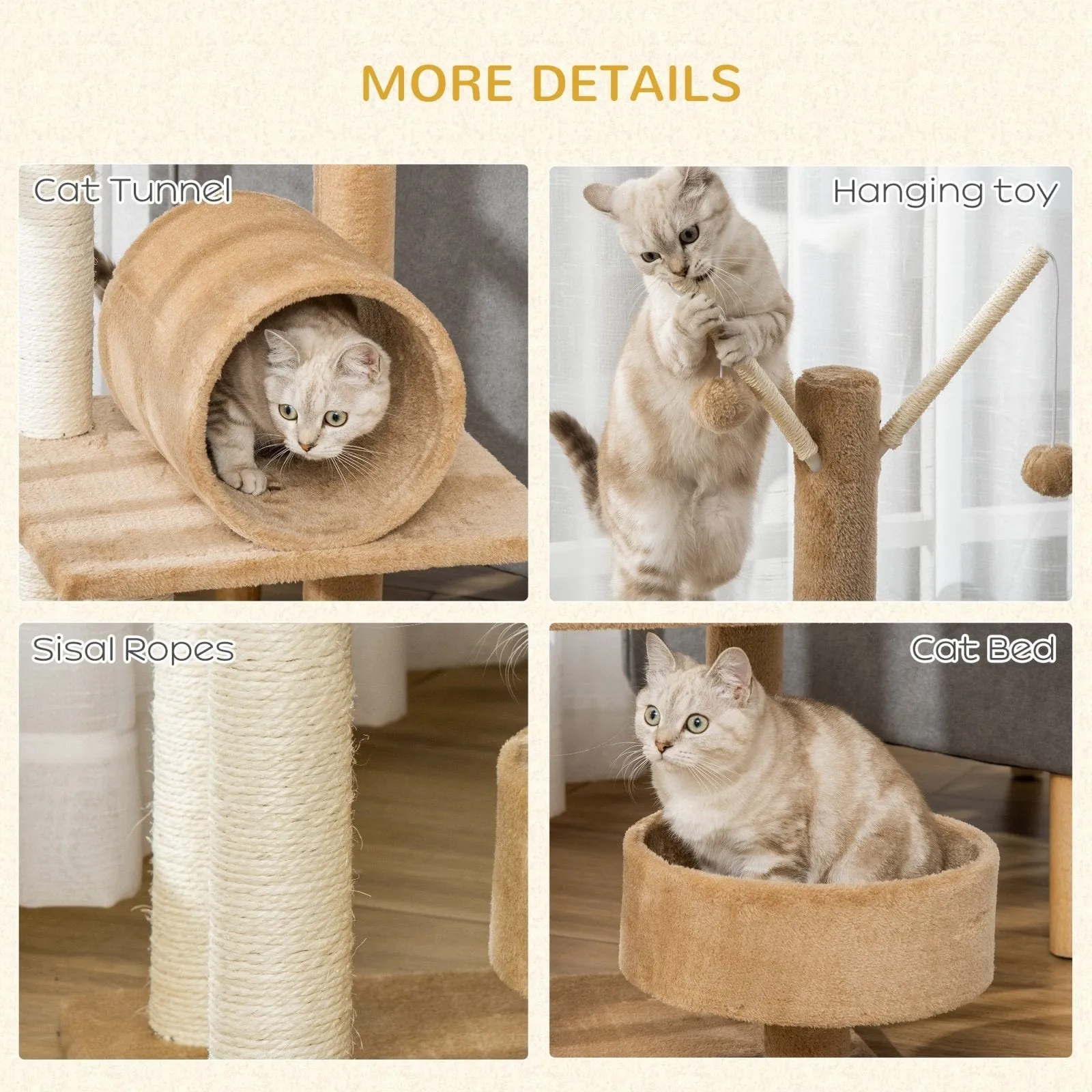 121cm Cat Tree Tower Kitten Activity Center Scratching Post with Bed Tunnel Perch Interactive Ball Toy Brown