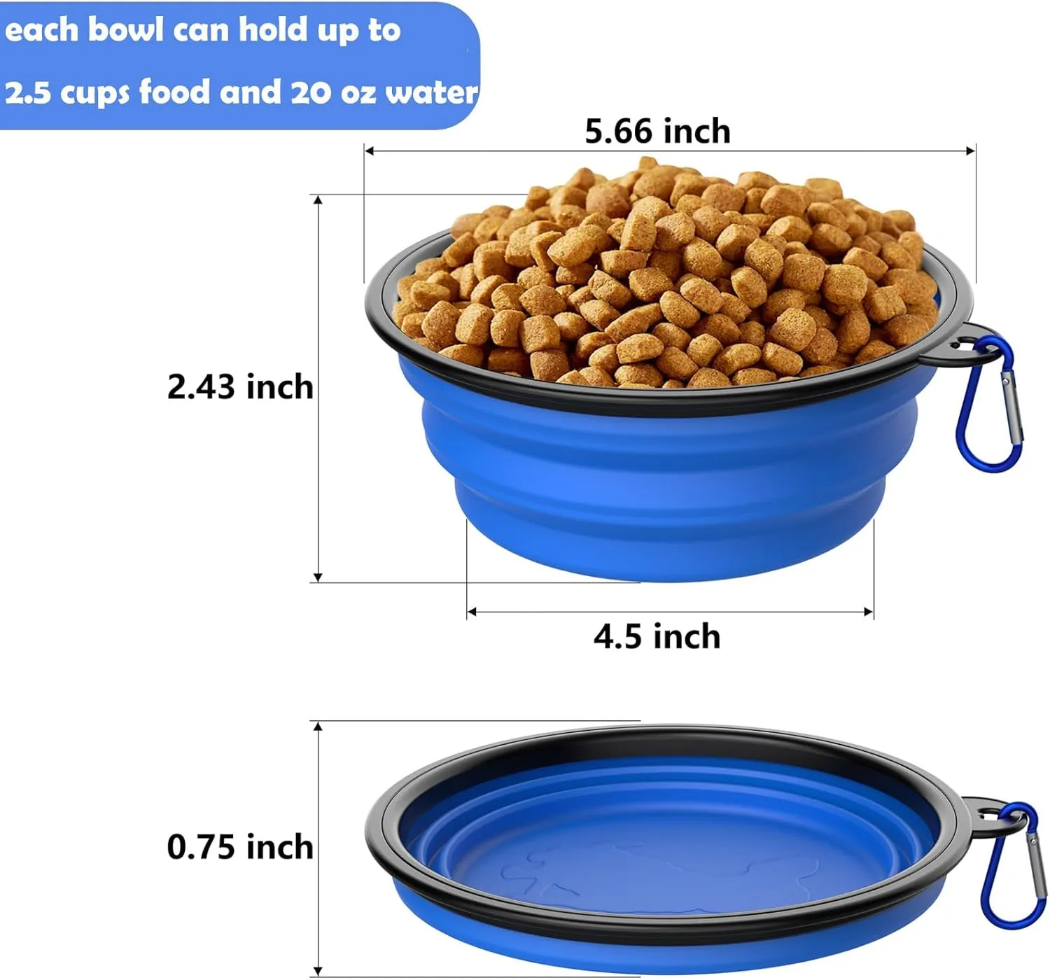 2 Pack Collapsible Dog Bowl Travel Portable Pet Bowls [20oz,600ml],Expandable Foldable Food Water Feeding Dishes for Traveling Hiking Walking,with Carabiners [Green,Blue]