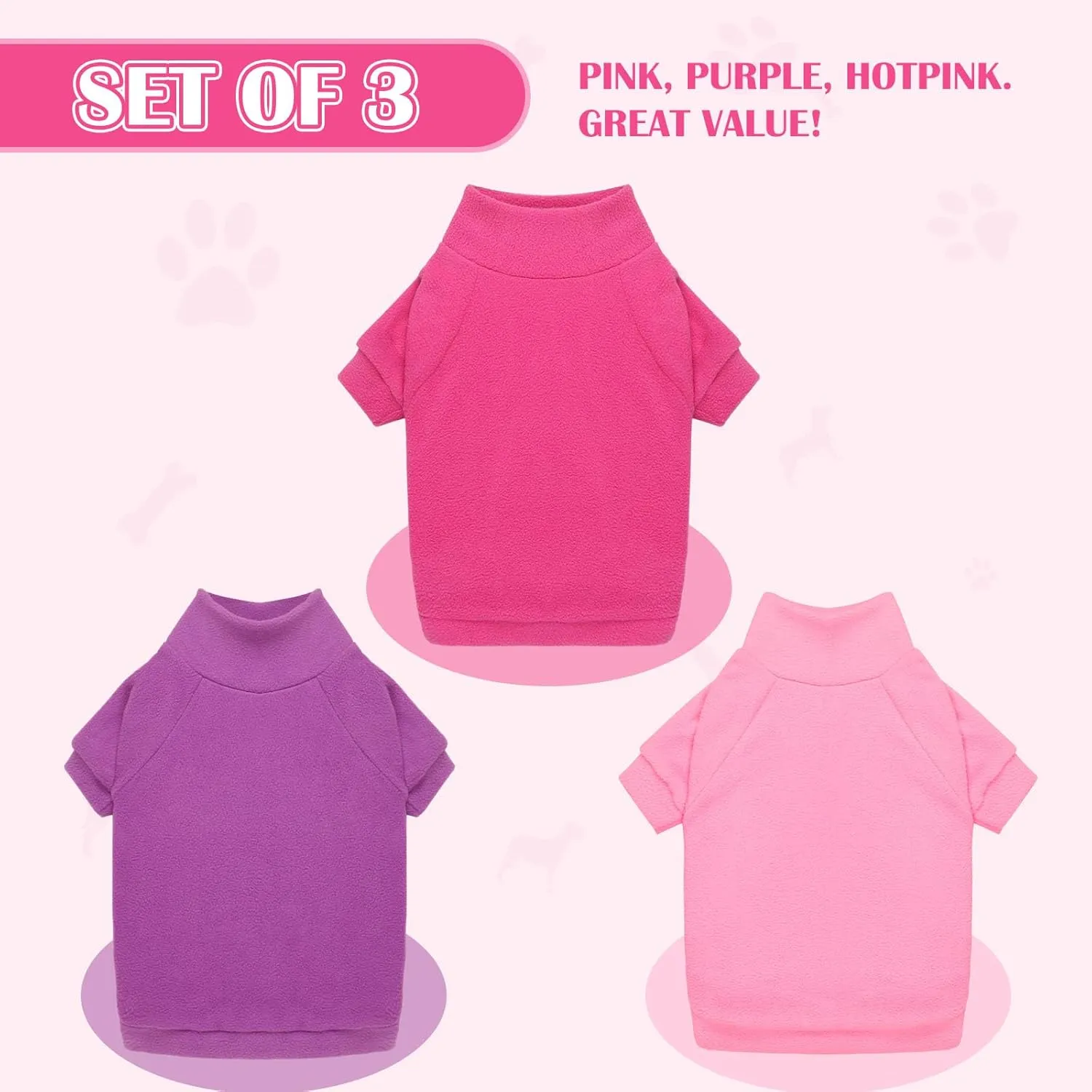 3 Pack Pet Sweaters for Small Dogs, Fleece Turtleneck Soft Warm Dog Sweatshirt Puppy Sweater Boy Girl (Pink Hotpink Purple,S)