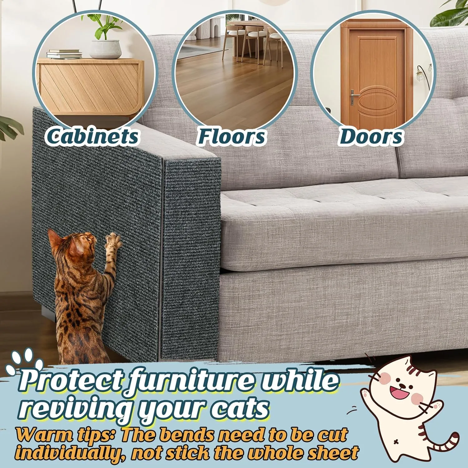 39.3''x14.6'' Trimmable Cat Scratch Furniture Protector - Climbing Self-Adhesive Cat Scratching Pad Mat, Couch Protector from Claws for Scratch Post Cat Tree Shelves Wall, Dark Gray
