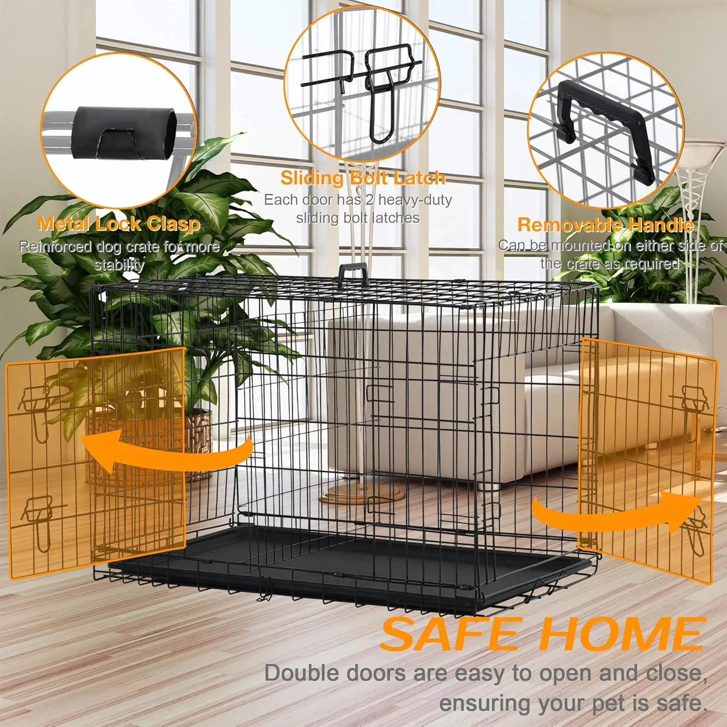 42 Inch Dog Crate Dog Cage for Large Dogs Folding Mental Wire Dog Kennel Outdoor and Indoor with Double-Door Divider Panel Removable Tray and Handle