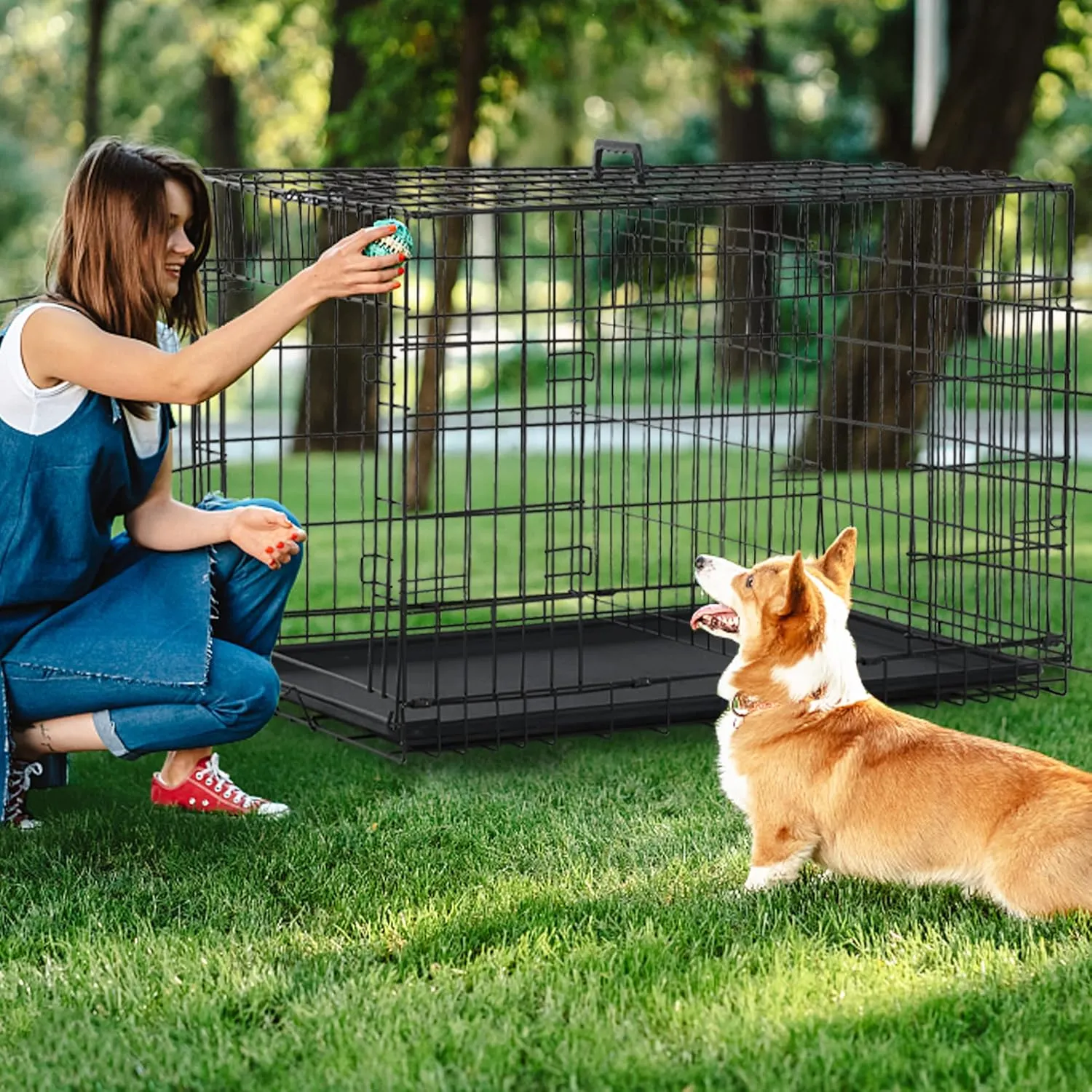 42 Inch Dog Crate Dog Cage for Large Dogs Folding Mental Wire Dog Kennel Outdoor and Indoor with Double-Door Divider Panel Removable Tray and Handle
