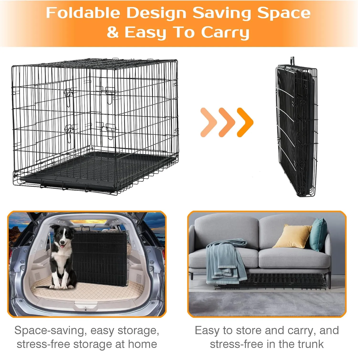 42 Inch Dog Crate Dog Cage for Large Dogs Folding Mental Wire Dog Kennel Outdoor and Indoor with Double-Door Divider Panel Removable Tray and Handle