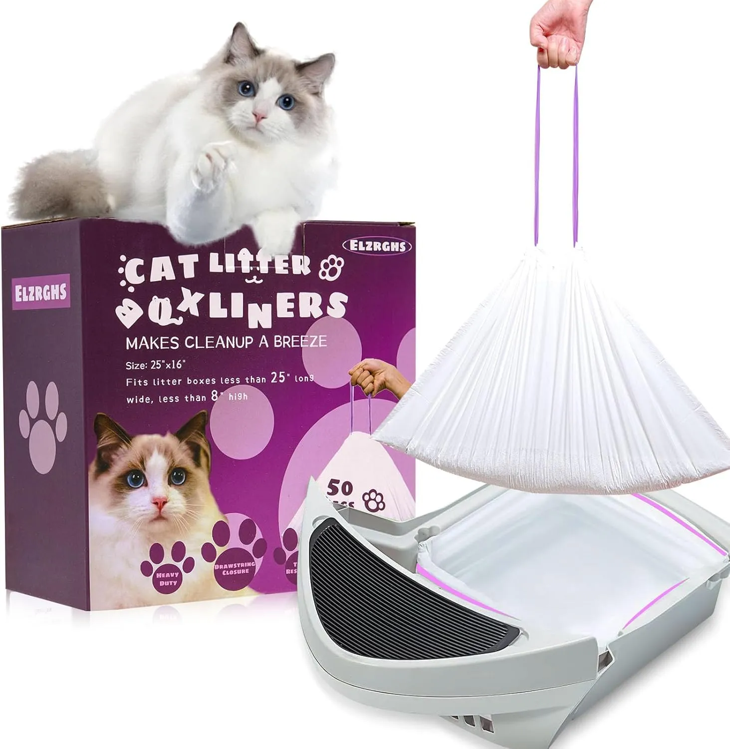 50 Pack Drawstring Cat Litter Box Liners Compatible with Litter-Robot 3/4, Waste Bags Heavy Duty for Automatic Self Cleaning Litter Box