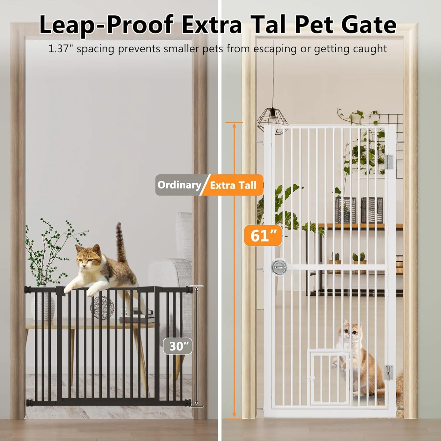 61" Extra Tall Cat Gate for Doorway, Adjustable Wide 30.2"-32.6" Dog Door with Cat Door, Suitable for Doorways or Kitchen, No Drilling Pressure Mount Kit, White
