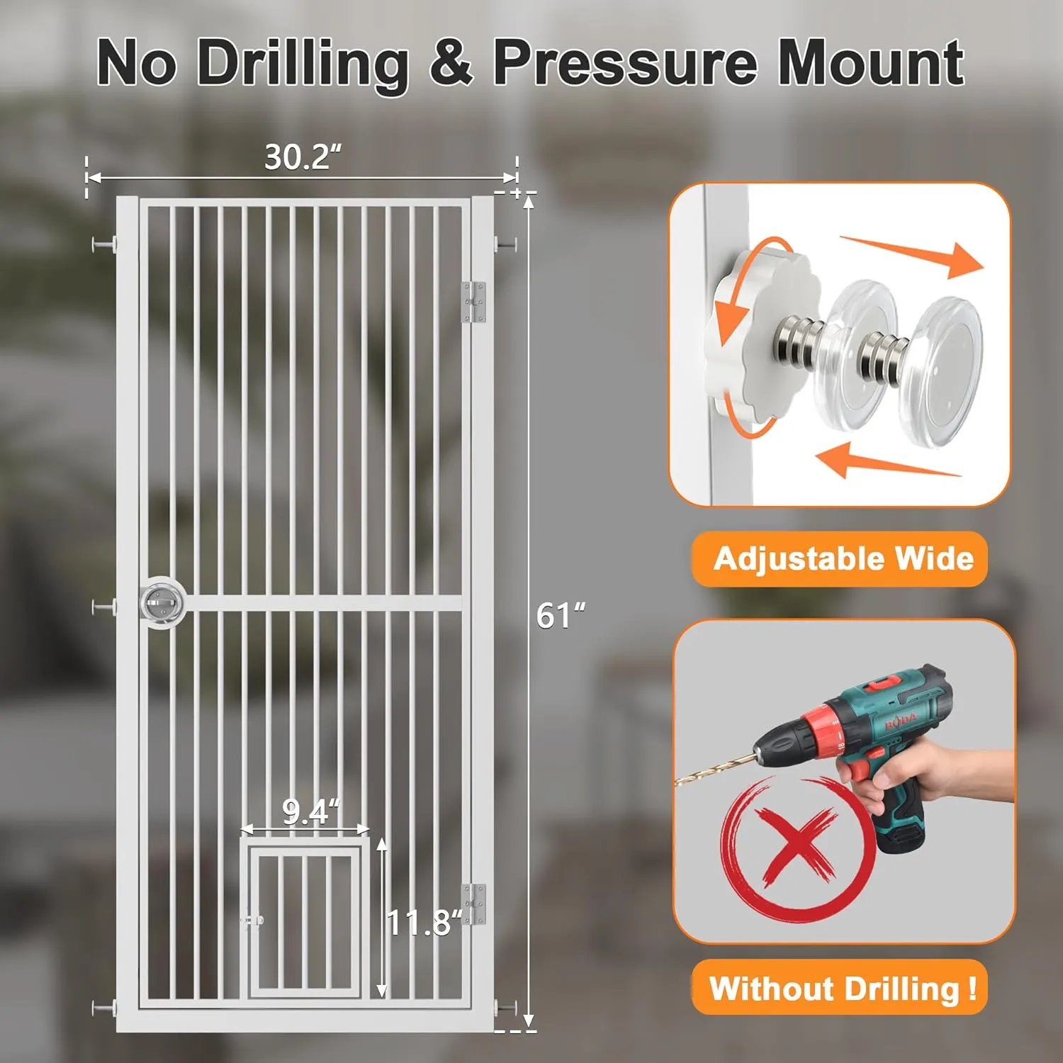 61" Extra Tall Cat Gate for Doorway, Adjustable Wide 30.2"-32.6" Dog Door with Cat Door, Suitable for Doorways or Kitchen, No Drilling Pressure Mount Kit, White