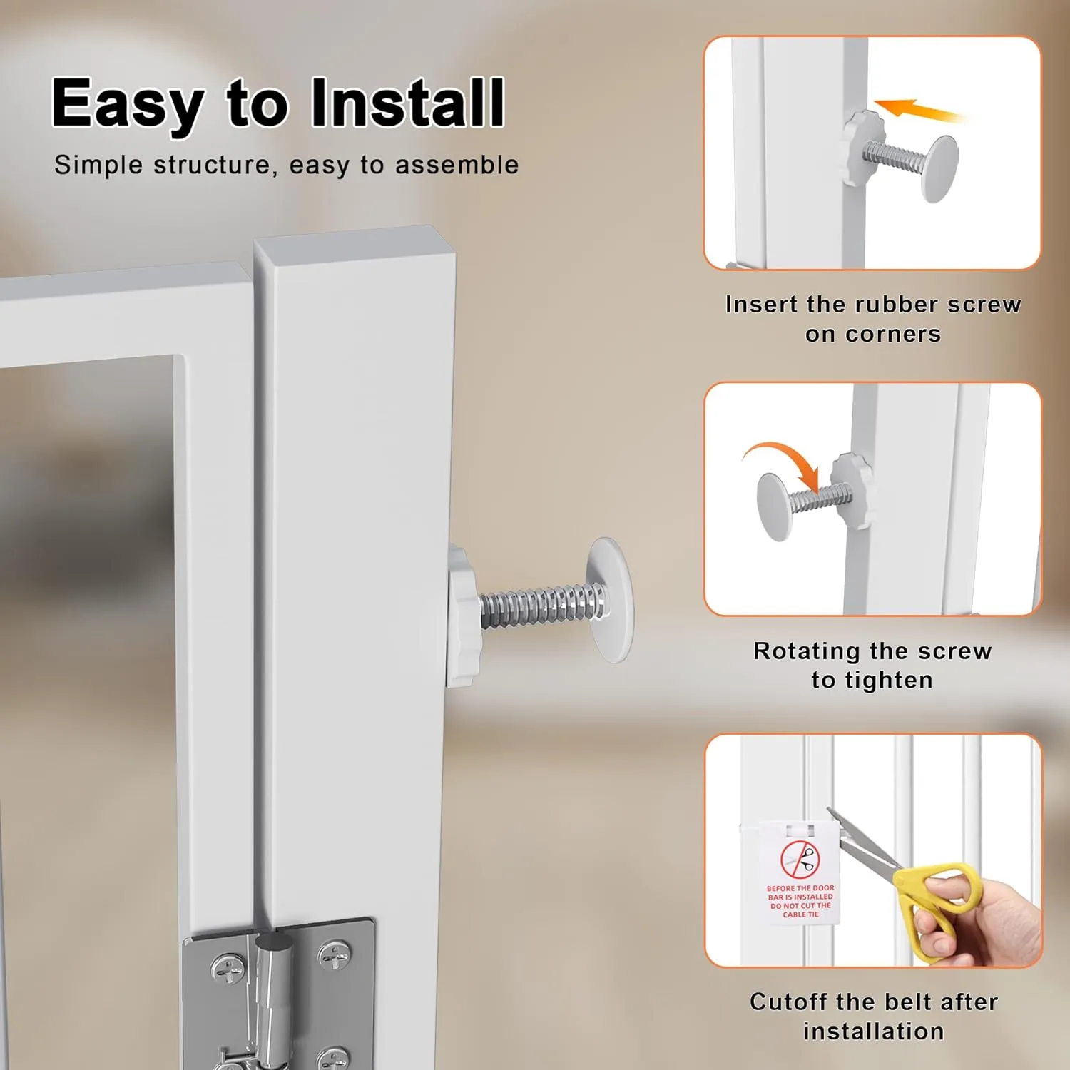 61" Extra Tall Cat Gate for Doorway, Adjustable Wide 30.2"-32.6" Dog Door with Cat Door, Suitable for Doorways or Kitchen, No Drilling Pressure Mount Kit, White