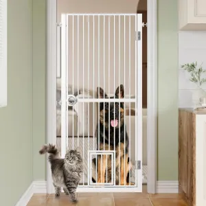 61" Extra Tall Cat Gate for Doorway, Adjustable Wide 30.2"-32.6" Dog Door with Cat Door, Suitable for Doorways or Kitchen, No Drilling Pressure Mount Kit, White
