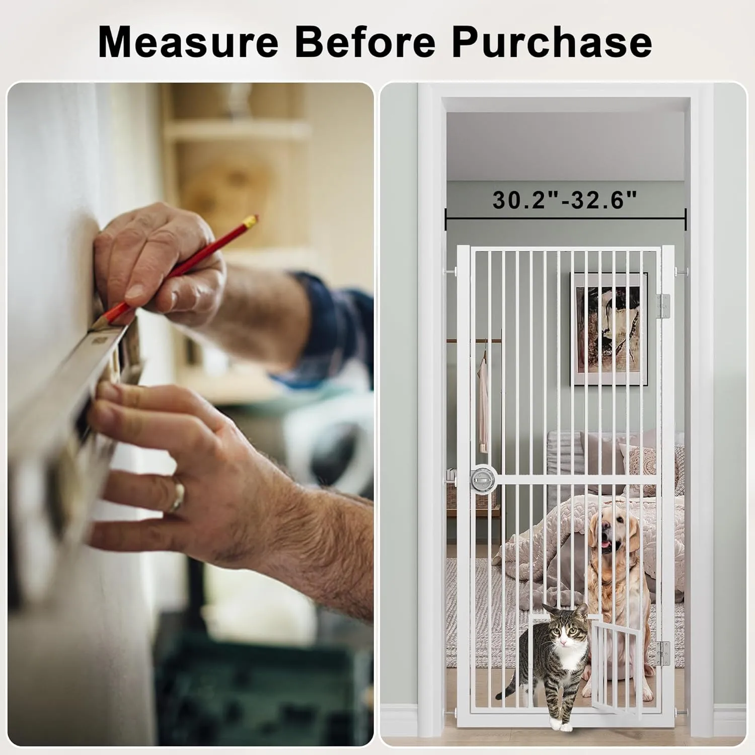61" Extra Tall Cat Gate for Doorway, Adjustable Wide 30.2"-32.6" Dog Door with Cat Door, Suitable for Doorways or Kitchen, No Drilling Pressure Mount Kit, White