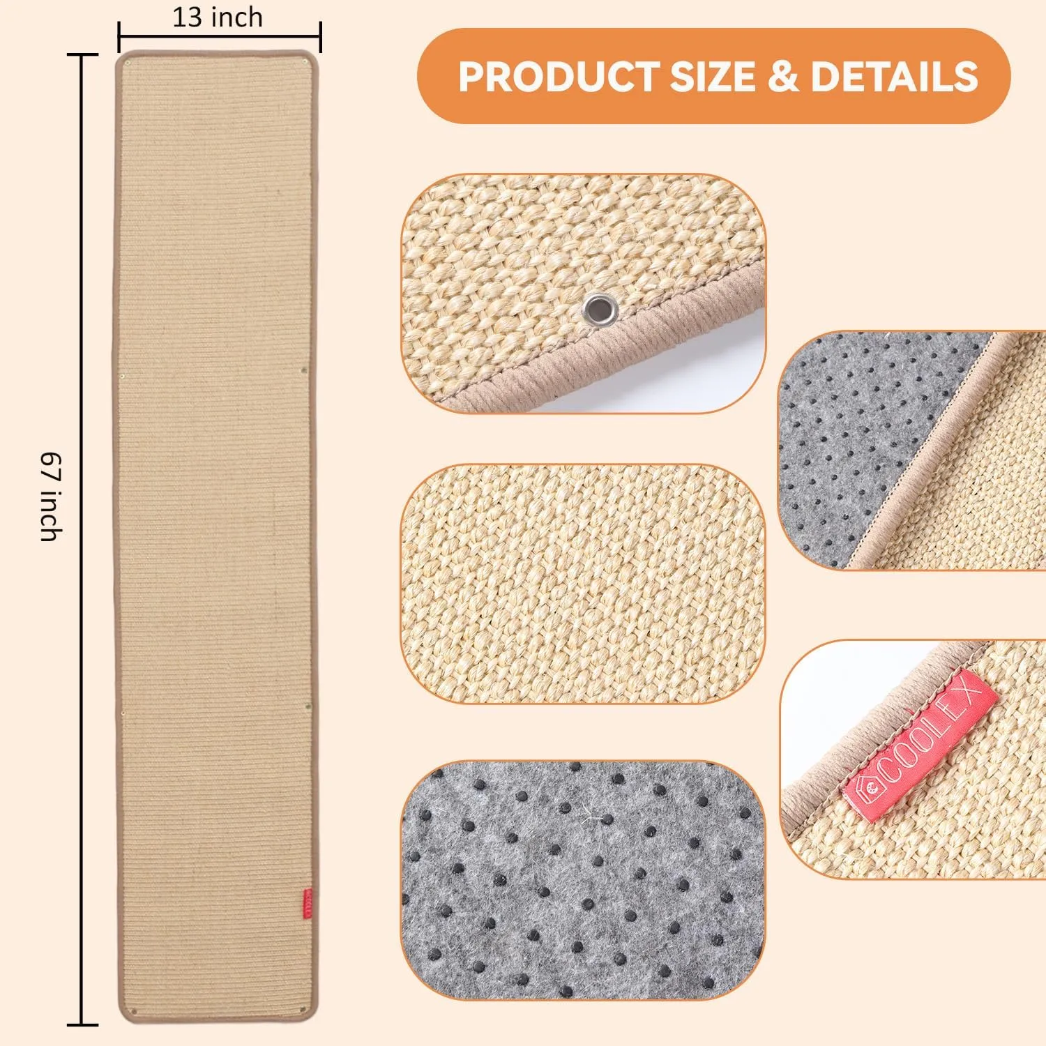 66.93x13.38x0.32 inch Thickened Cat Wall Scratcher Carpet, Cat Climbing Wall, Durable Cat Wall Furniture, Tall Cat Scratching Post, Wall Scratchers for Indoor Cats, Couch Sofa Protector (Brown)