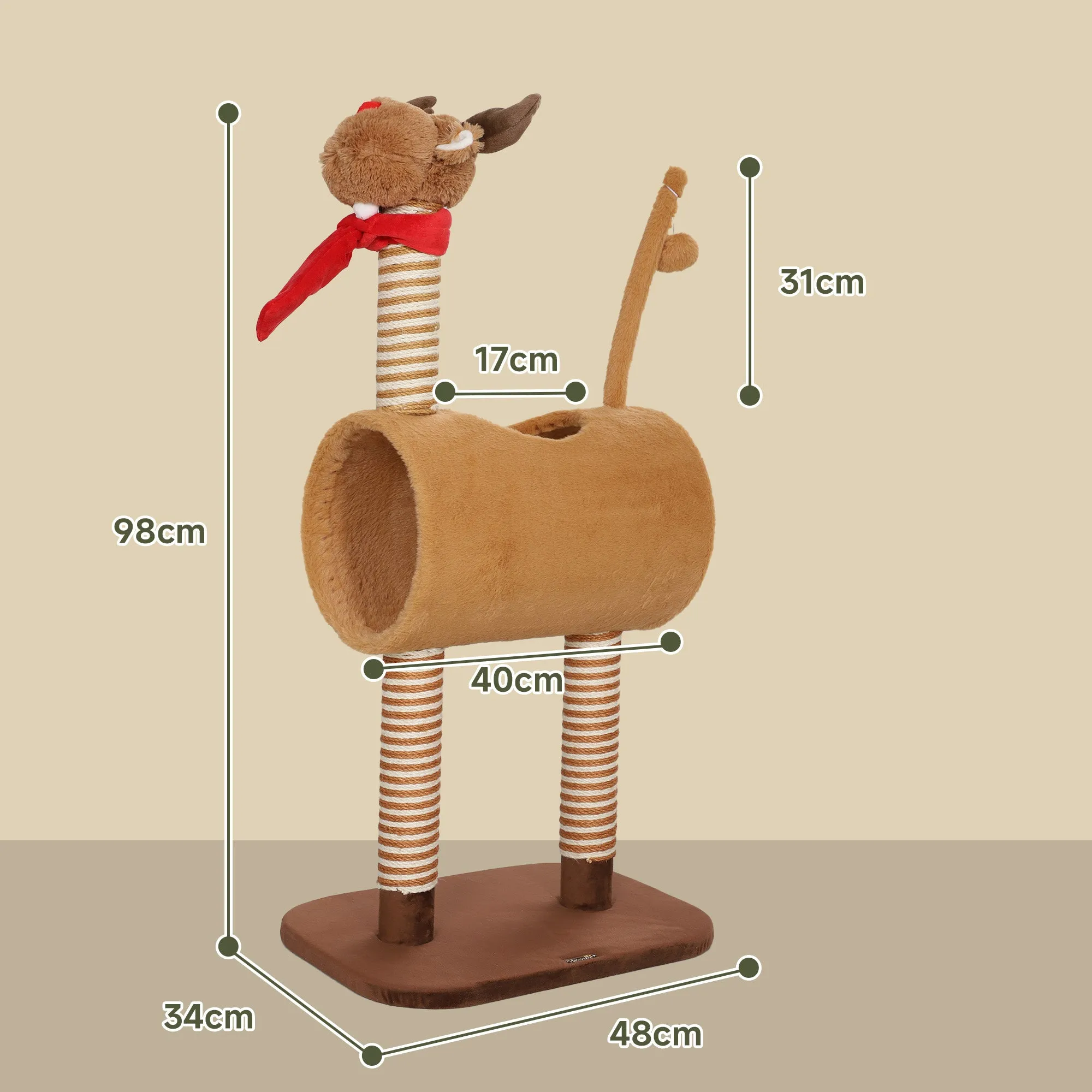 98cm Deer-Designed Cat Tree with Scratching Posts, Toy Ball, Tunnel, Brown
