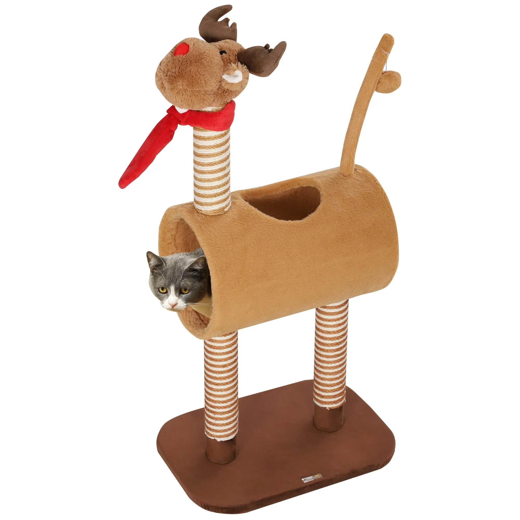 98cm Deer-Designed Cat Tree with Scratching Posts, Toy Ball, Tunnel, Brown