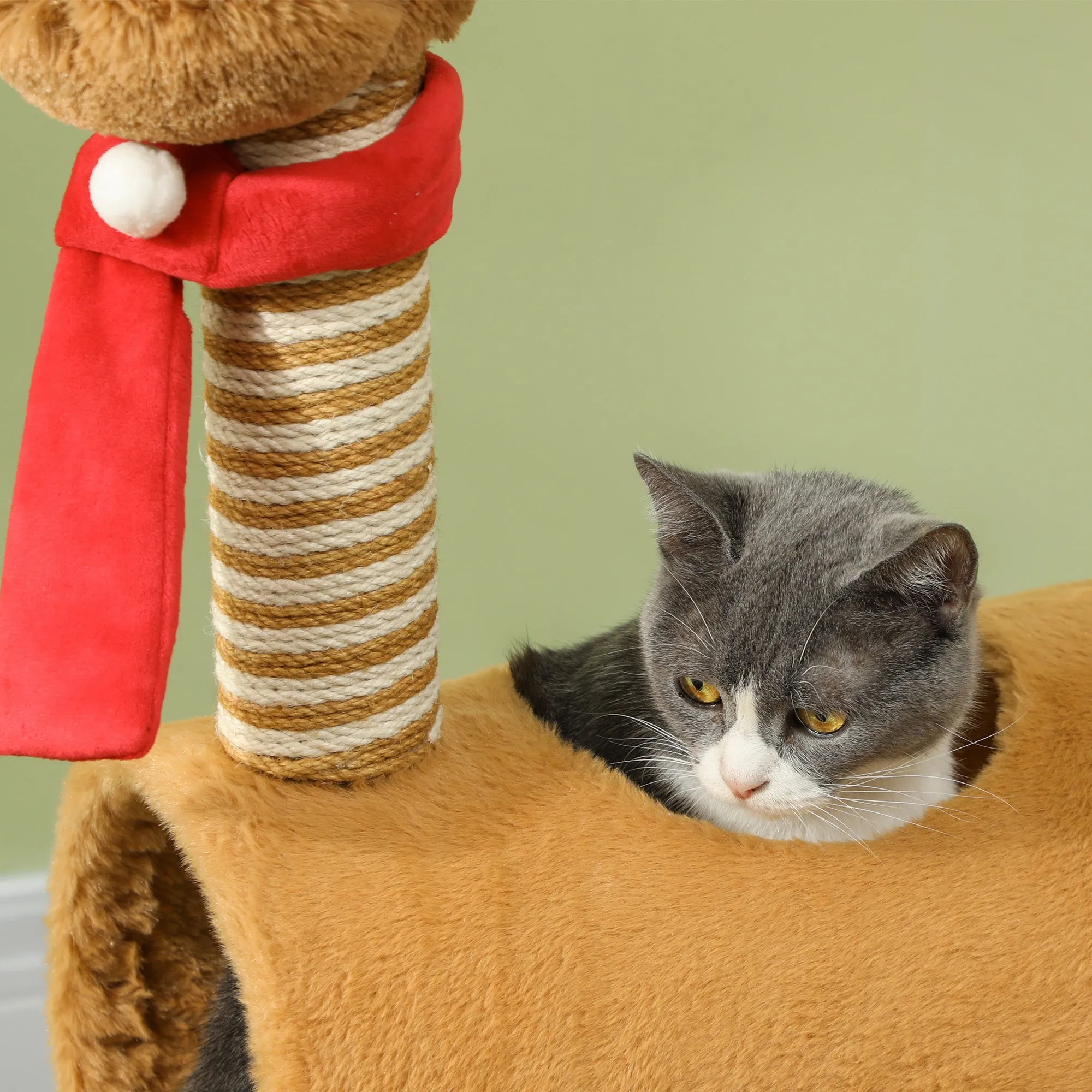 98cm Deer-Designed Cat Tree with Scratching Posts, Toy Ball, Tunnel, Brown