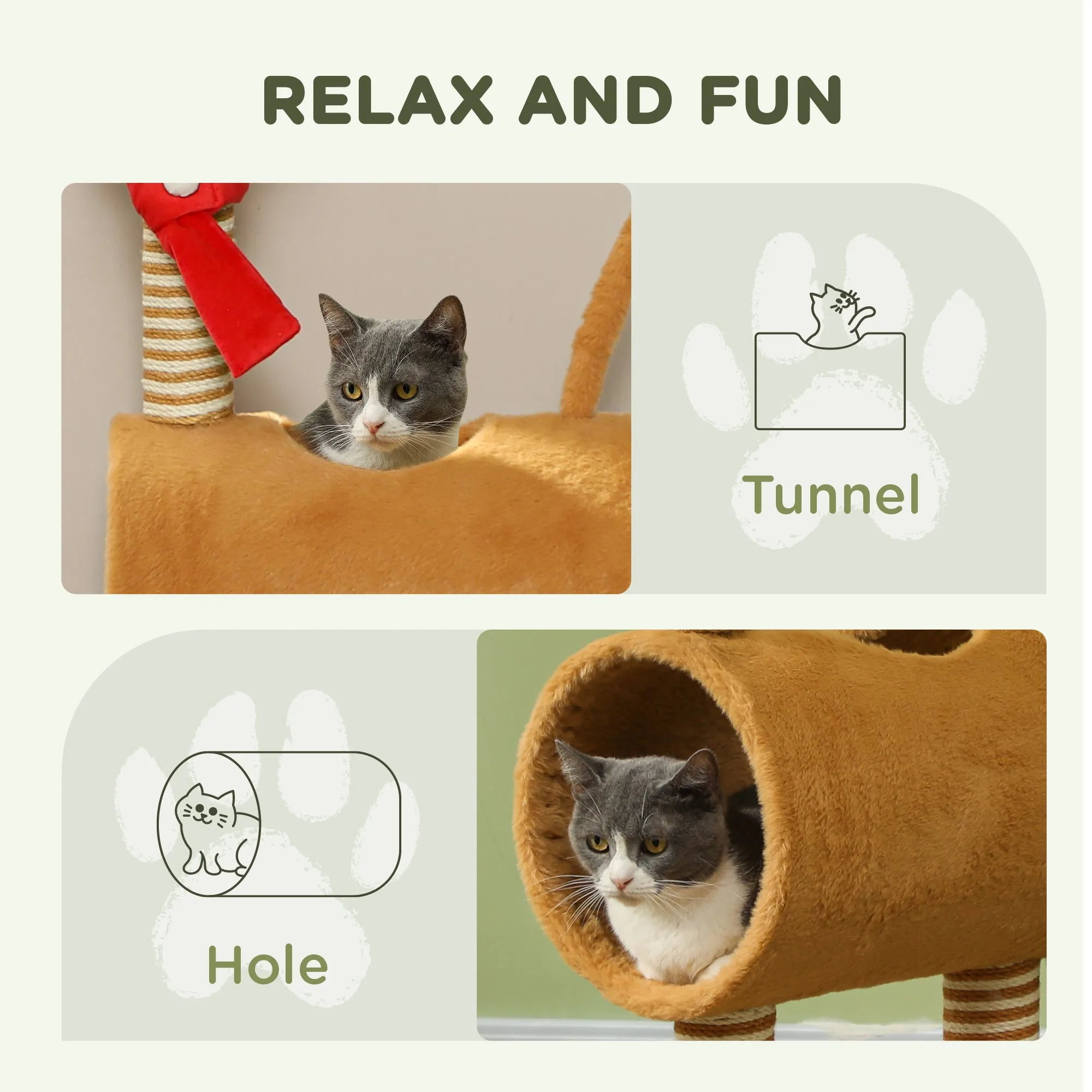 98cm Deer-Designed Cat Tree with Scratching Posts, Toy Ball, Tunnel, Brown