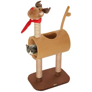 98cm Deer-Designed Cat Tree with Scratching Posts, Toy Ball, Tunnel, Brown