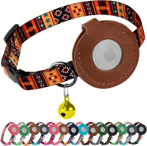 Airtag Cat Collar with Bell - Non Breakaway Soft Pet Collar with Leather Air Tag Holder - Adjustable GPS Anti-Lost Collars for Girl Boy Cats Kitten Puppies, Lightweight and Patterned (Tribal Orange)
