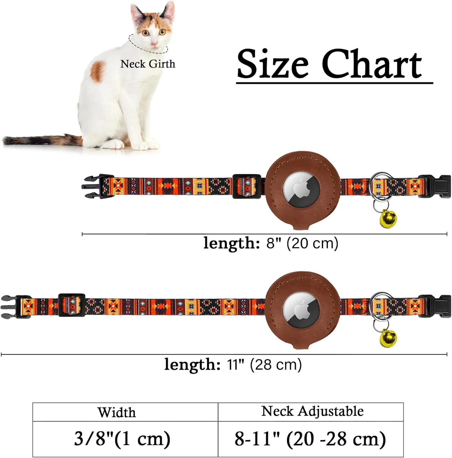 Airtag Cat Collar with Bell - Non Breakaway Soft Pet Collar with Leather Air Tag Holder - Adjustable GPS Anti-Lost Collars for Girl Boy Cats Kitten Puppies, Lightweight and Patterned (Tribal Orange)