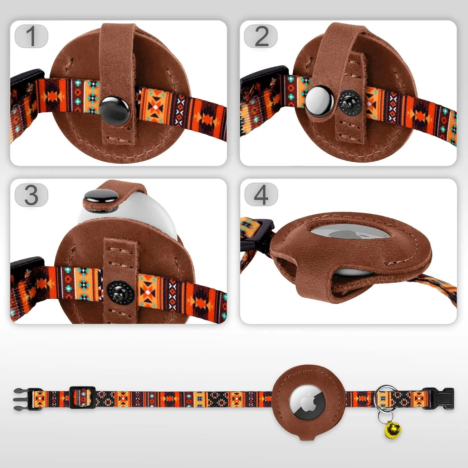 Airtag Cat Collar with Bell - Non Breakaway Soft Pet Collar with Leather Air Tag Holder - Adjustable GPS Anti-Lost Collars for Girl Boy Cats Kitten Puppies, Lightweight and Patterned (Tribal Orange)