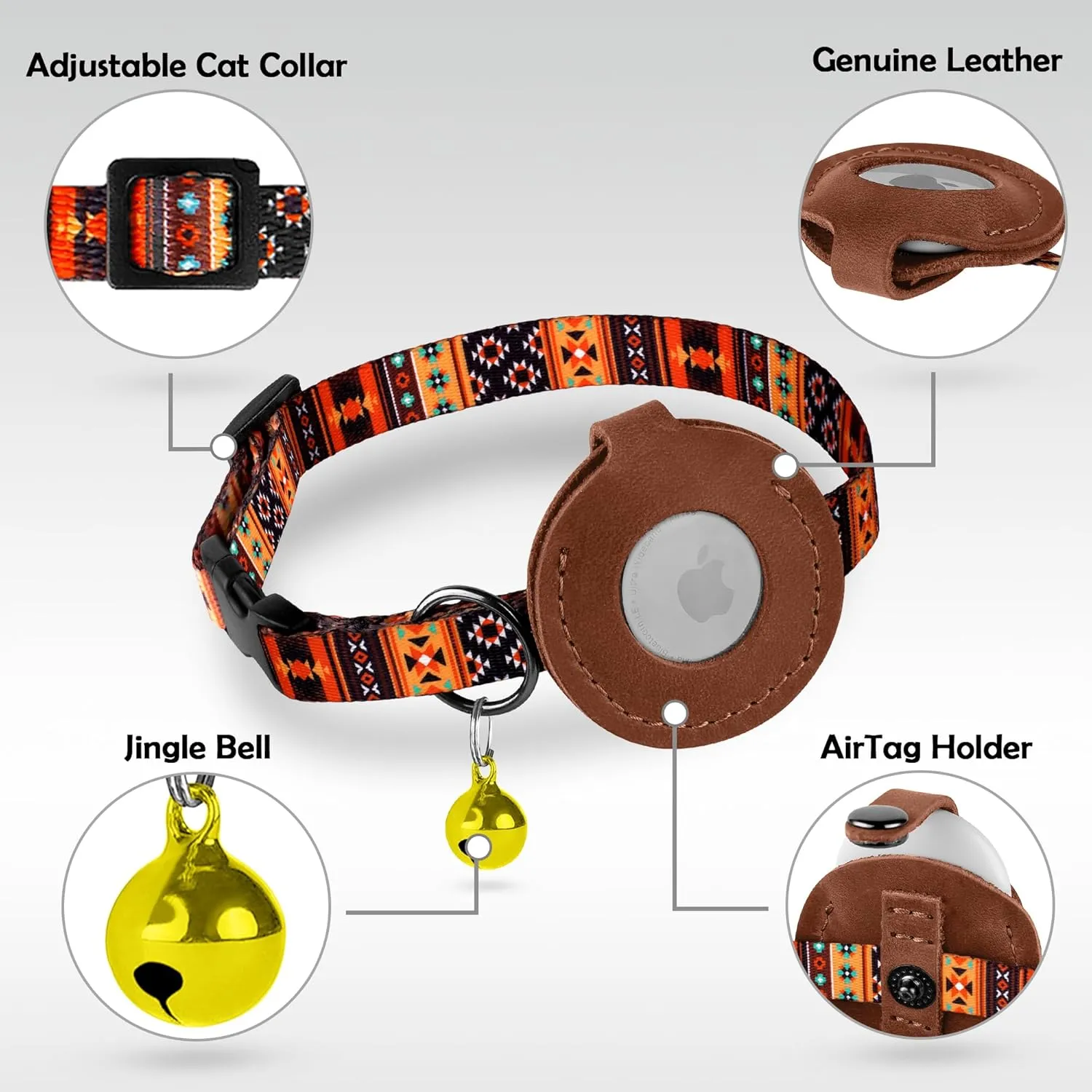 Airtag Cat Collar with Bell - Non Breakaway Soft Pet Collar with Leather Air Tag Holder - Adjustable GPS Anti-Lost Collars for Girl Boy Cats Kitten Puppies, Lightweight and Patterned (Tribal Orange)