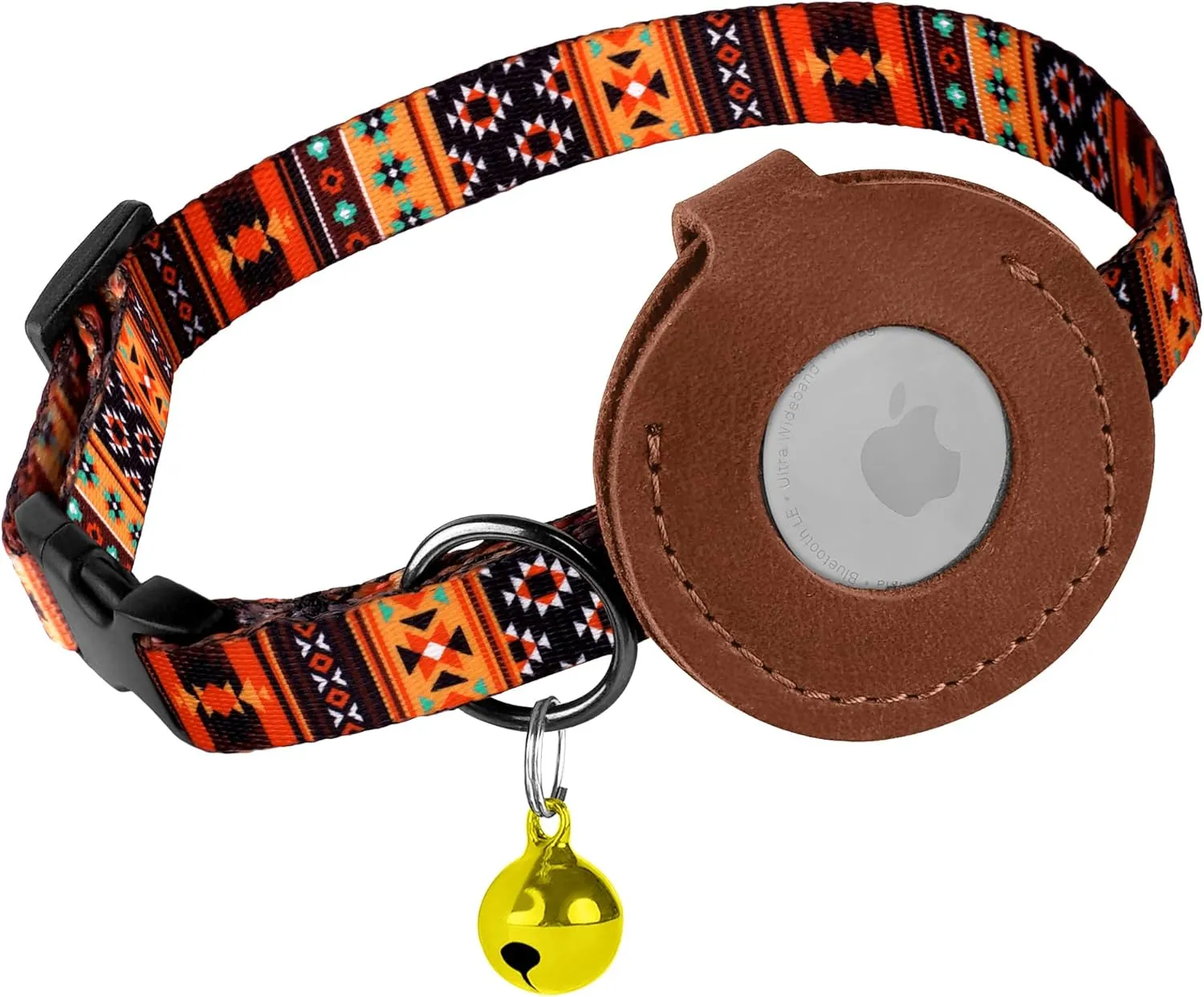 Airtag Cat Collar with Bell - Non Breakaway Soft Pet Collar with Leather Air Tag Holder - Adjustable GPS Anti-Lost Collars for Girl Boy Cats Kitten Puppies, Lightweight and Patterned (Tribal Orange)