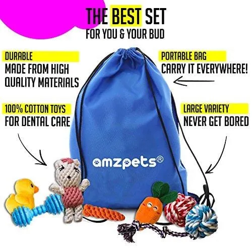 AMZpets 10 Most Popular Dog Toys for Small Dogs & Puppies. Squeaky Toys | Rope Toys | Plush Games | Chewing Ropes | Balls | Rubber Bone | Carry Bag. Variety Playing Set for Toss & Tug Play.