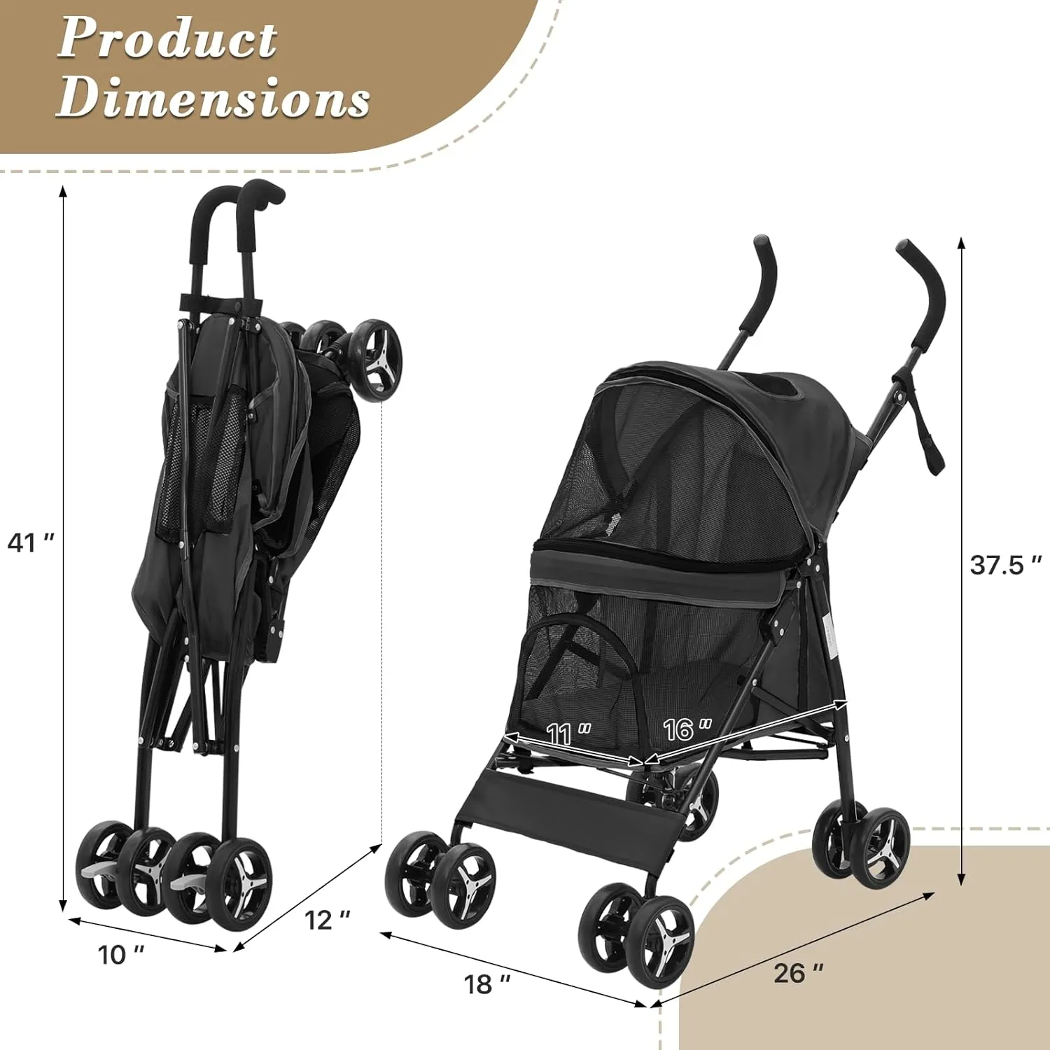 Athena Collection 4 Wheels Pet Stroller, Dog Stroller for Medium Dogs 22 Lbs Puppy Stroller Cat Pet Cart Pet Gear with Back Pocket, Sun Shade, Black