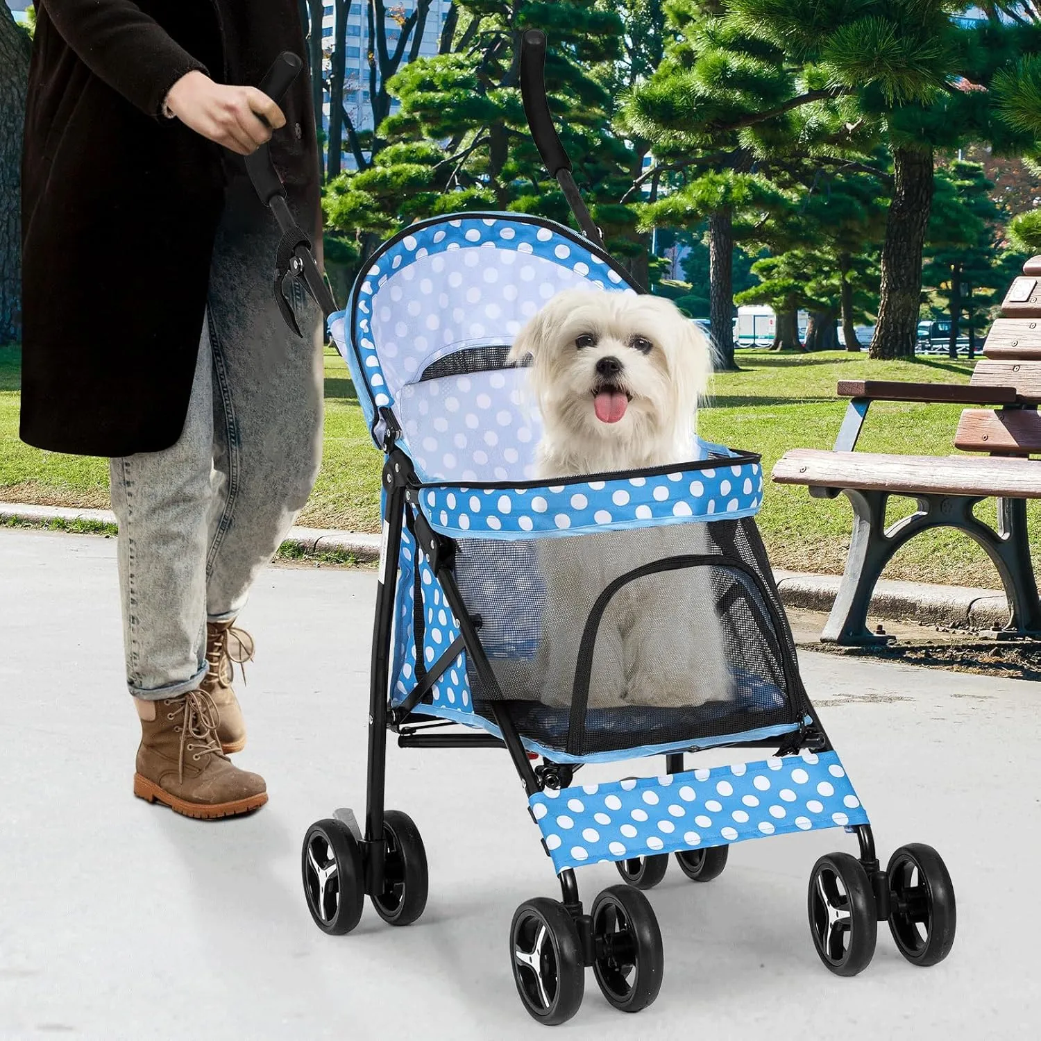 Athena Collection 4 Wheels Pet Stroller,Dog Stroller for Medium Dogs 22 Lbs Puppy Cat Stroller Pet Cart Pet Gear with Back Pocket, Sun Shade, Blue with Polka-dot