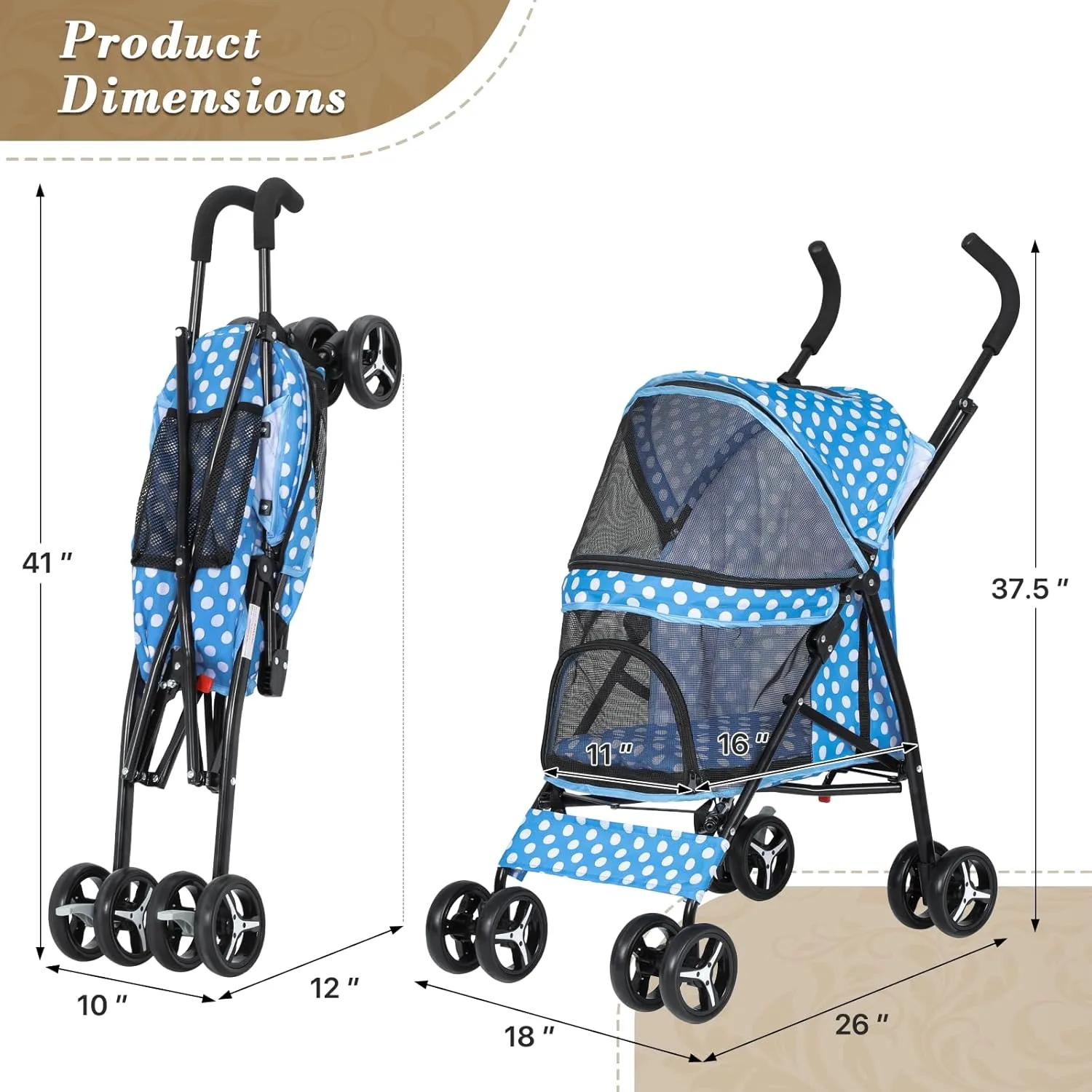 Athena Collection 4 Wheels Pet Stroller,Dog Stroller for Medium Dogs 22 Lbs Puppy Cat Stroller Pet Cart Pet Gear with Back Pocket, Sun Shade, Blue with Polka-dot