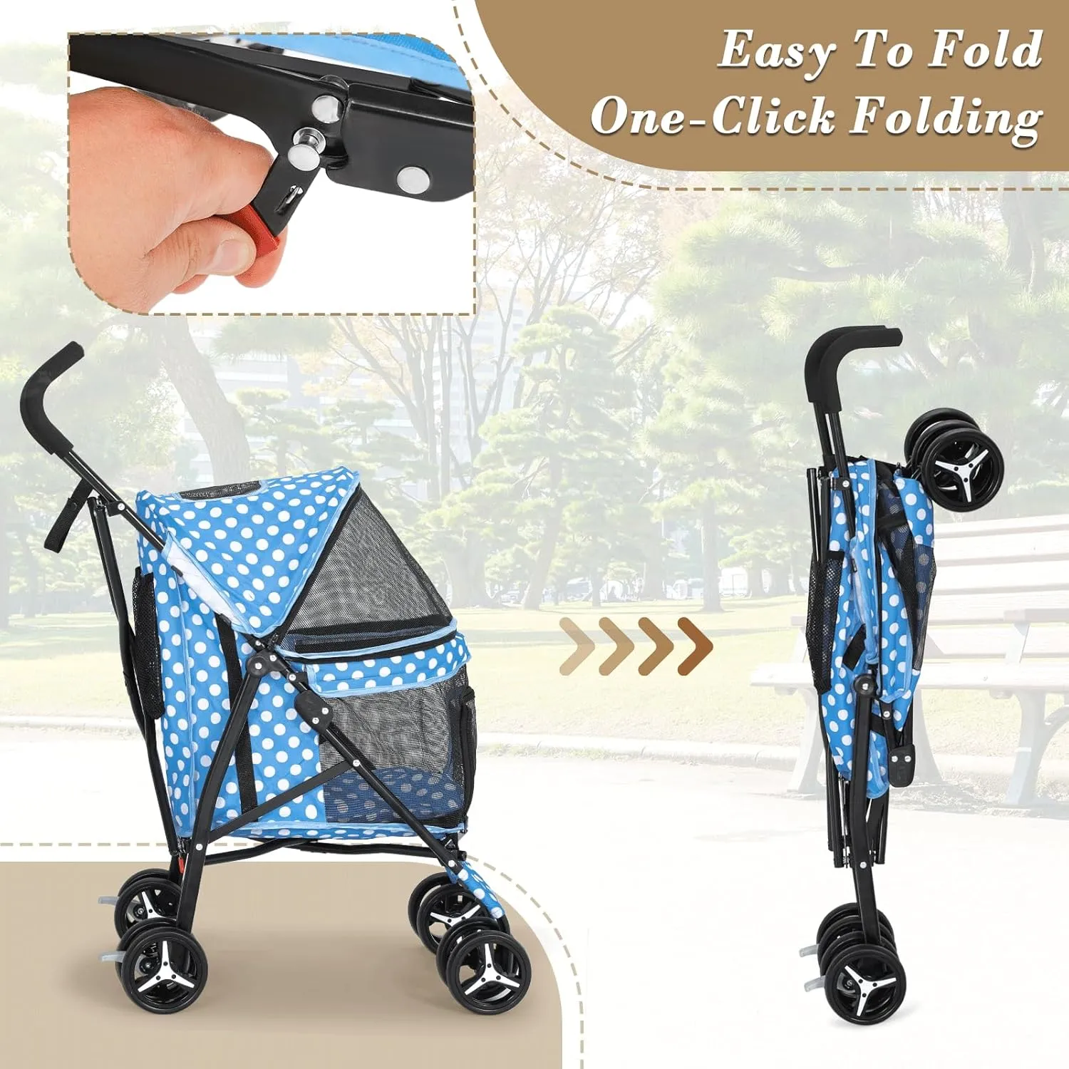 Athena Collection 4 Wheels Pet Stroller,Dog Stroller for Medium Dogs 22 Lbs Puppy Cat Stroller Pet Cart Pet Gear with Back Pocket, Sun Shade, Blue with Polka-dot