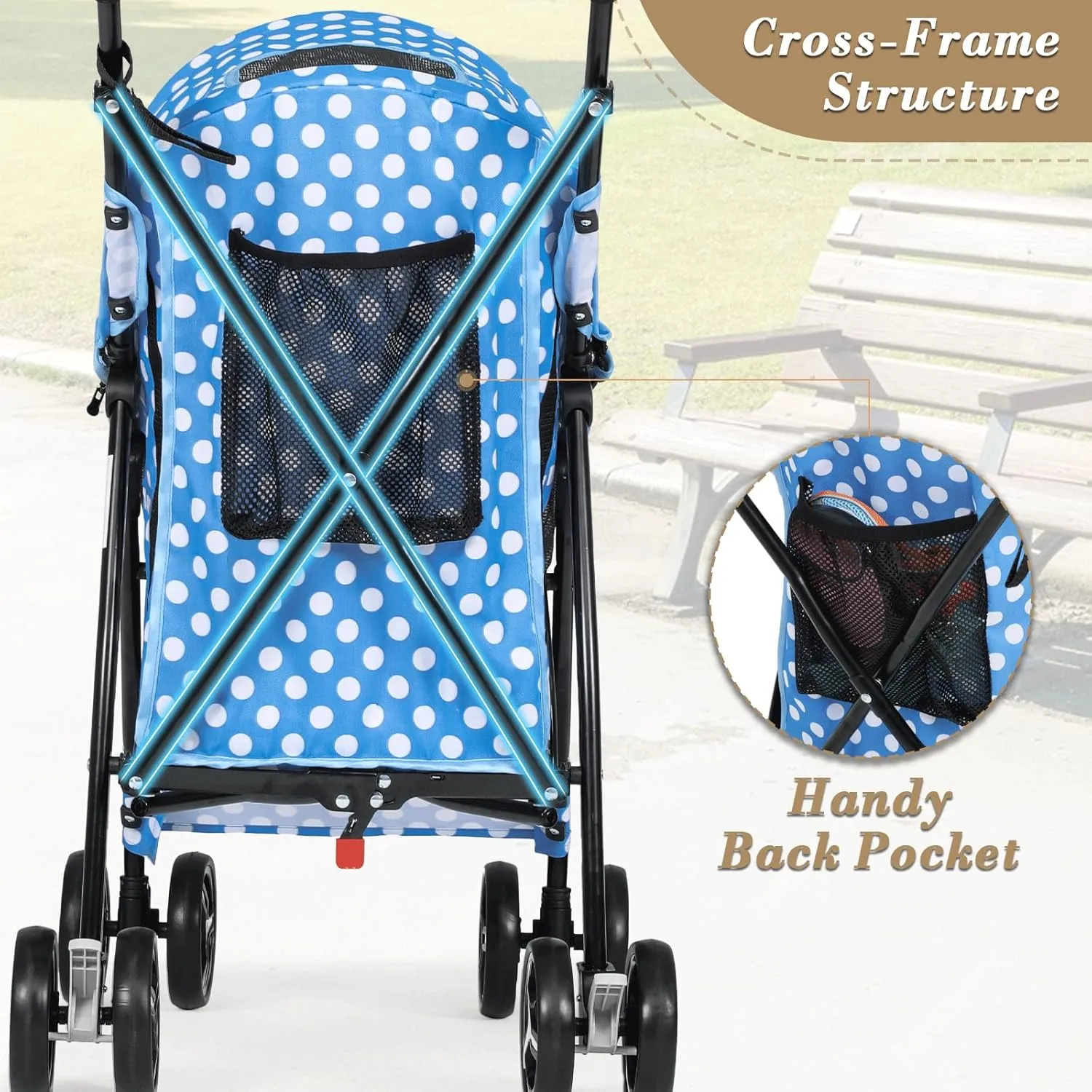Athena Collection 4 Wheels Pet Stroller,Dog Stroller for Medium Dogs 22 Lbs Puppy Cat Stroller Pet Cart Pet Gear with Back Pocket, Sun Shade, Blue with Polka-dot