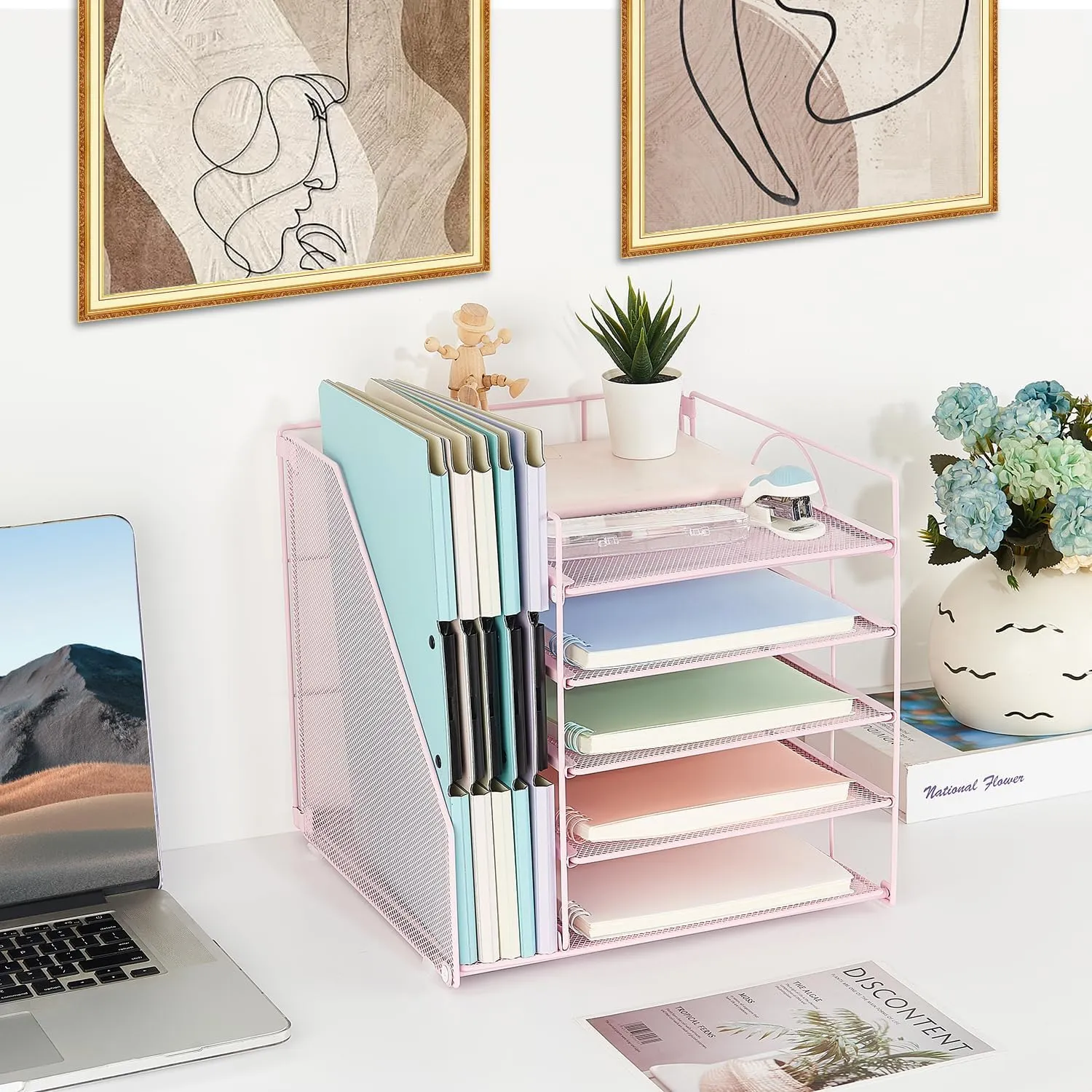 AUPSEN Office Desk Organizer, 5-Tier Paper Letter Tray with File Holder Multifunction Office Supplies and Accessories for Office School Home (Pink)