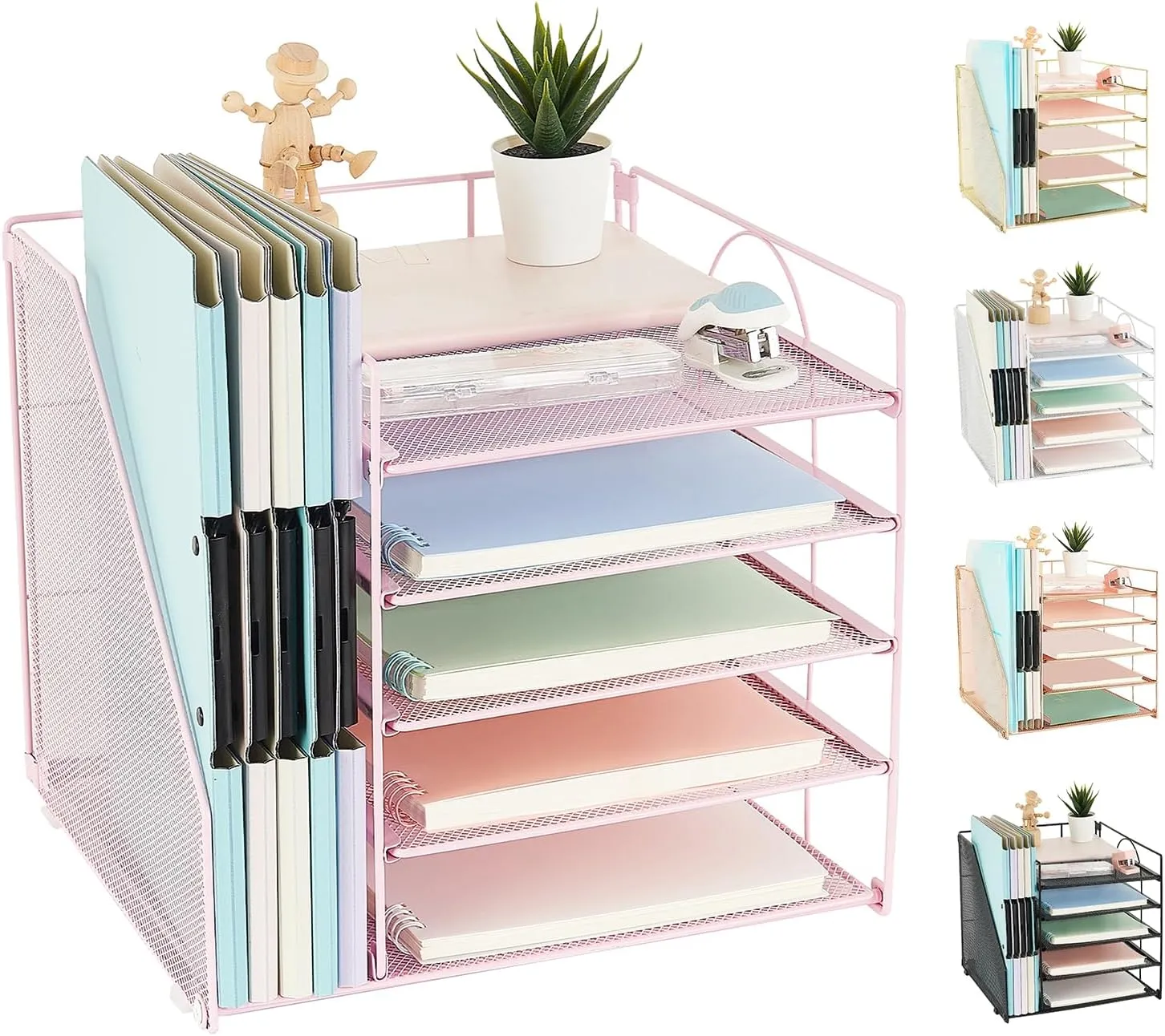 AUPSEN Office Desk Organizer, 5-Tier Paper Letter Tray with File Holder Multifunction Office Supplies and Accessories for Office School Home (Pink)