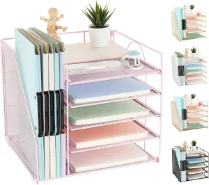 AUPSEN Office Desk Organizer, 5-Tier Paper Letter Tray with File Holder Multifunction Office Supplies and Accessories for Office School Home (Pink)