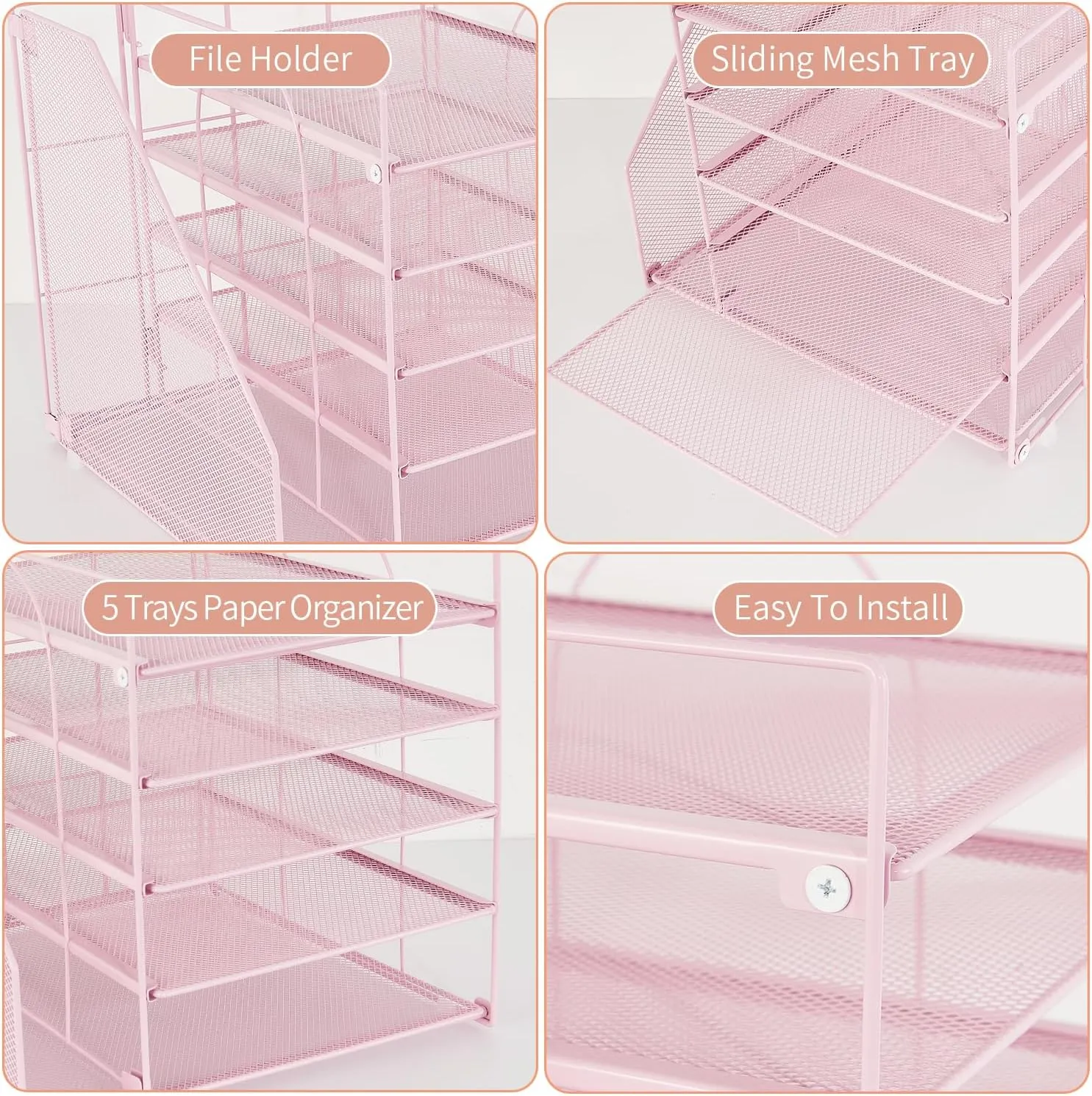 AUPSEN Office Desk Organizer, 5-Tier Paper Letter Tray with File Holder Multifunction Office Supplies and Accessories for Office School Home (Pink)