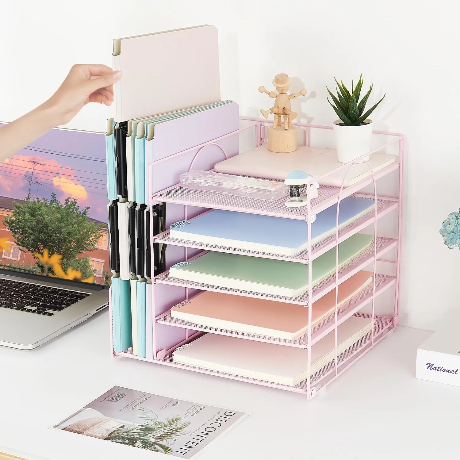 AUPSEN Office Desk Organizer, 5-Tier Paper Letter Tray with File Holder Multifunction Office Supplies and Accessories for Office School Home (Pink)