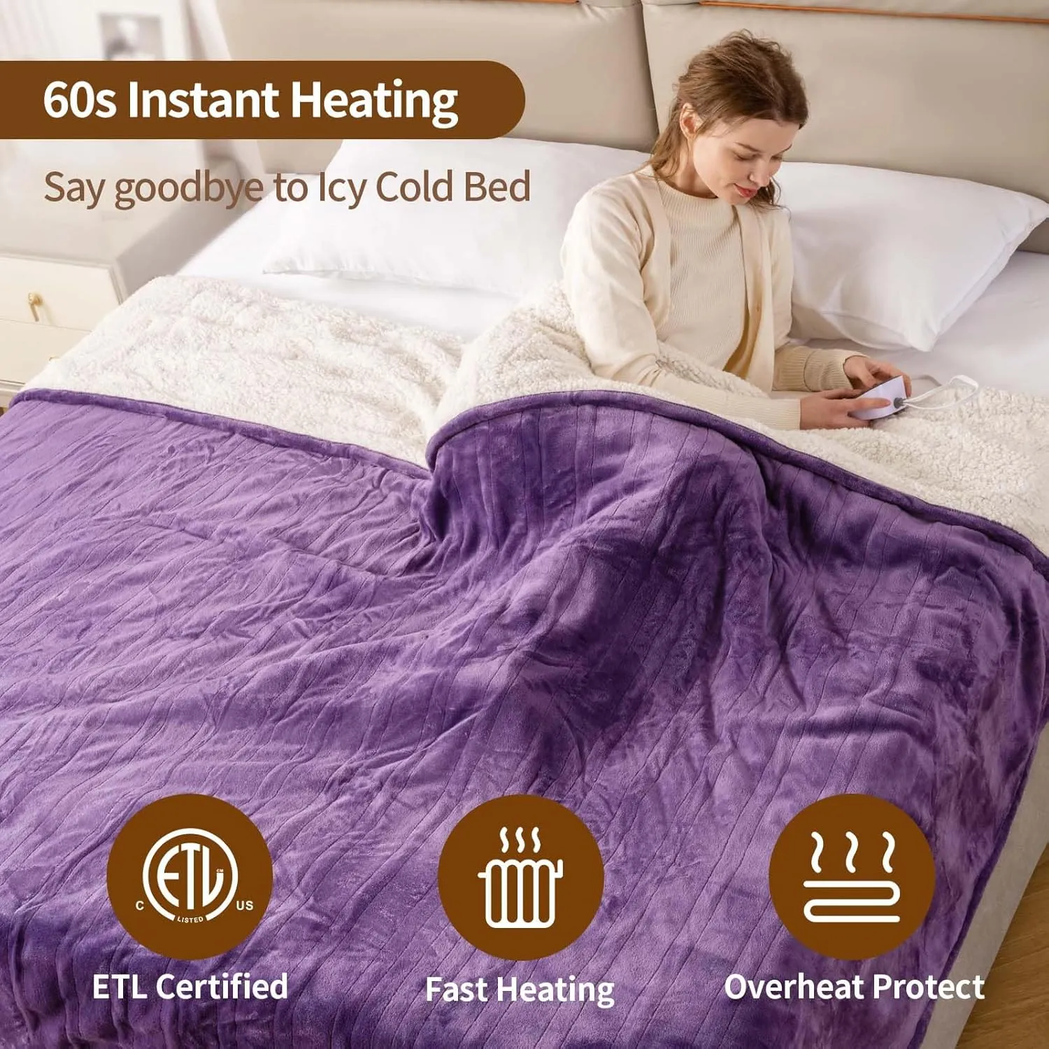 Bearhug Electric Blanket Full Size 77" x 84" Silky Velvet & Warm Sherpa Heated Blanket, 10 Heat Settings & 0.5-12 Hours Adjustable Timer, Fast Heating, Machine Washable
