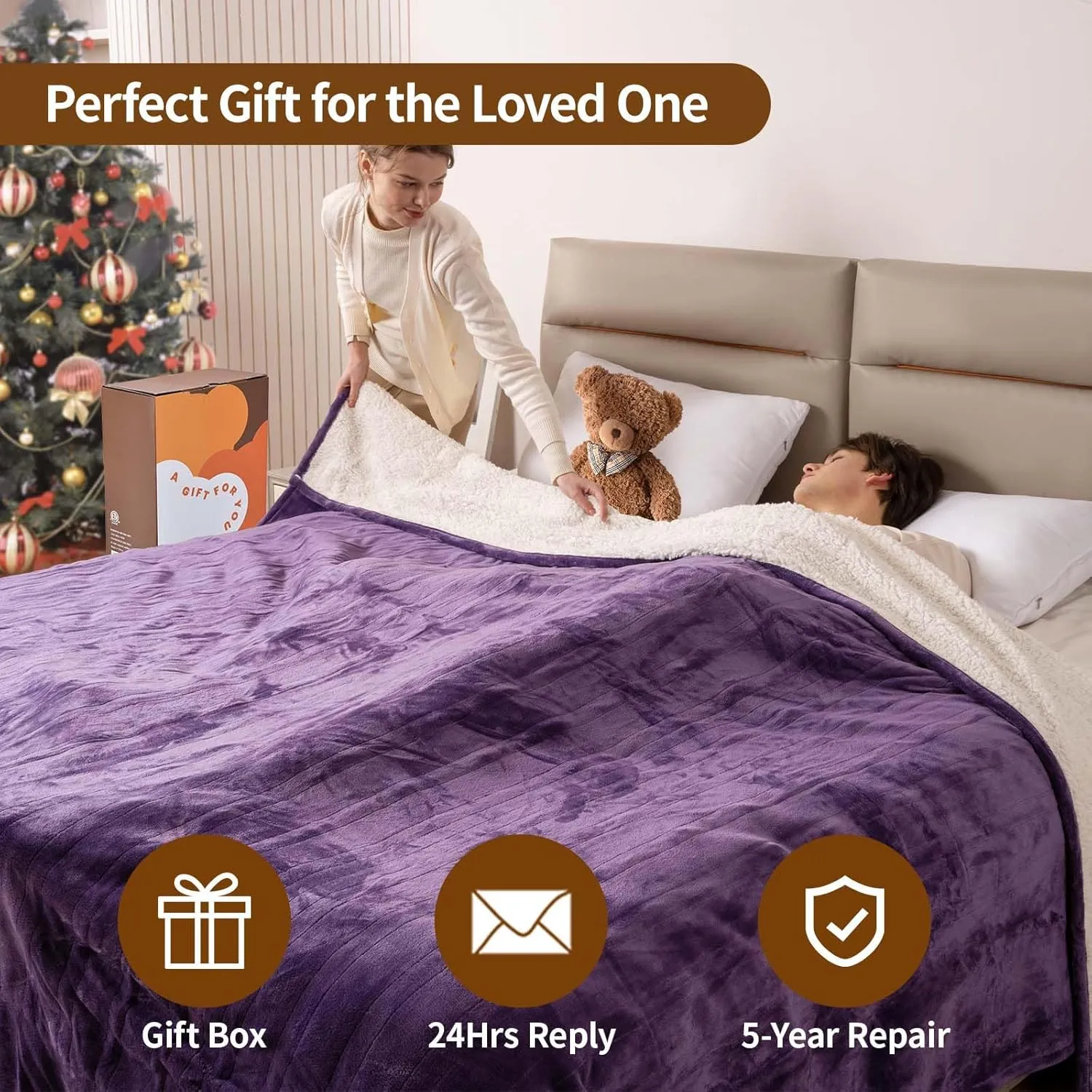 Bearhug Electric Blanket Full Size 77" x 84" Silky Velvet & Warm Sherpa Heated Blanket, 10 Heat Settings & 0.5-12 Hours Adjustable Timer, Fast Heating, Machine Washable