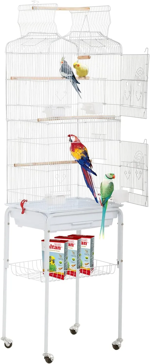 Bird Cage Parakeet Cage 64 inch Open Top Standing Parrot Cage Accessories with Rolling Stand for Medium Small Cockatiel Canary Parakeet Conure Finches Budgie Lovebirds Pet Storage Shelf (White)
