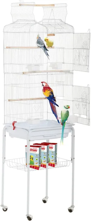 Bird Cage Parakeet Cage 64 inch Open Top Standing Parrot Cage Accessories with Rolling Stand for Medium Small Cockatiel Canary Parakeet Conure Finches Budgie Lovebirds Pet Storage Shelf (White)