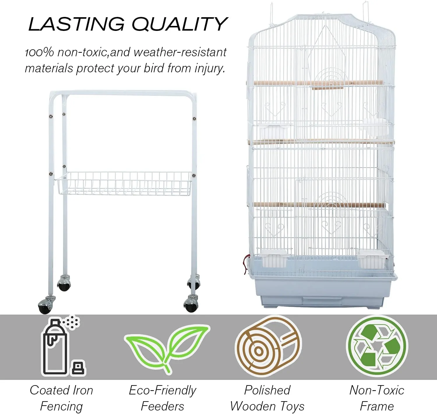 Bird Cage Parakeet Cage 64 inch Open Top Standing Parrot Cage Accessories with Rolling Stand for Medium Small Cockatiel Canary Parakeet Conure Finches Budgie Lovebirds Pet Storage Shelf (White)