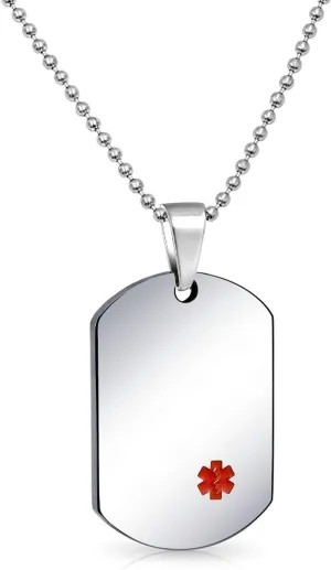 Bling Jewelry Unisex Personalize Customizable Medical Identification Medical ID Dog Tag Steel Pendant Necklace For Men Women 20 Inch Chain SM MED LG