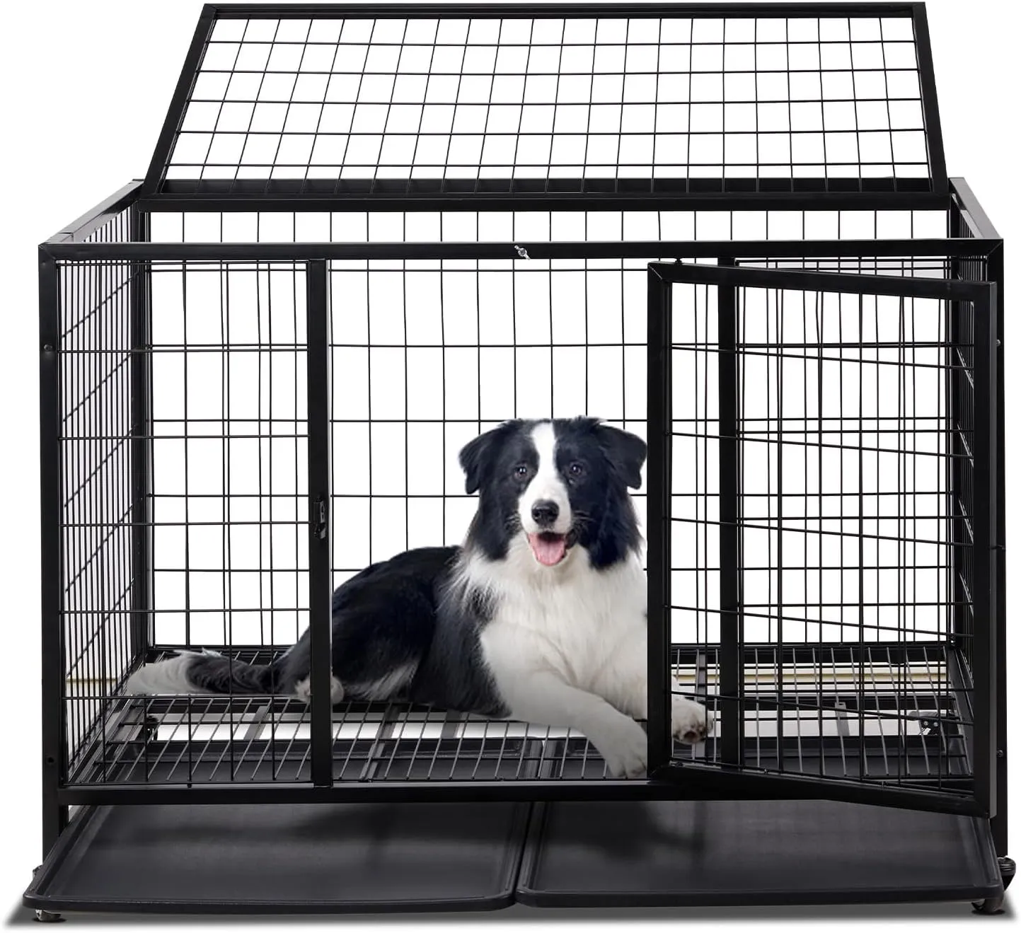 BONNLO Heavy Duty Dog Crate with Lockable Wheel, Dog Kennel Indoor with Removable Tray, 42 Inch Black Metal Dogs Cage for Pet Housing Sleeping/Training/Traveling (43.5" L x 30" W x 29.5" H)