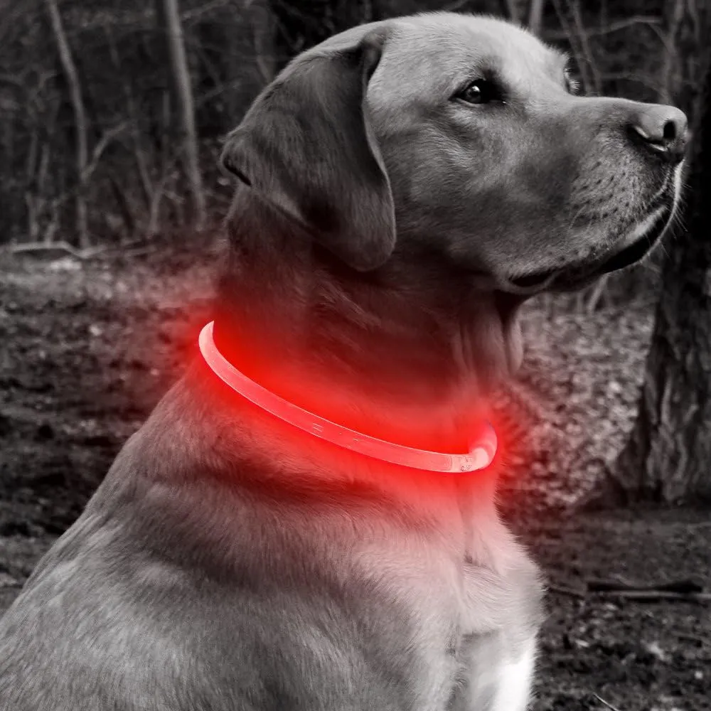 BSEEN Light Up Dog Collar - Rechargeable LED Dog Collar - 360 Glow in The Dark Pet Collar for Small Medium Large Dogs, TPU Cuttable Puppy Collar Safety Dog Lights for Night Walking (Red 70cm)