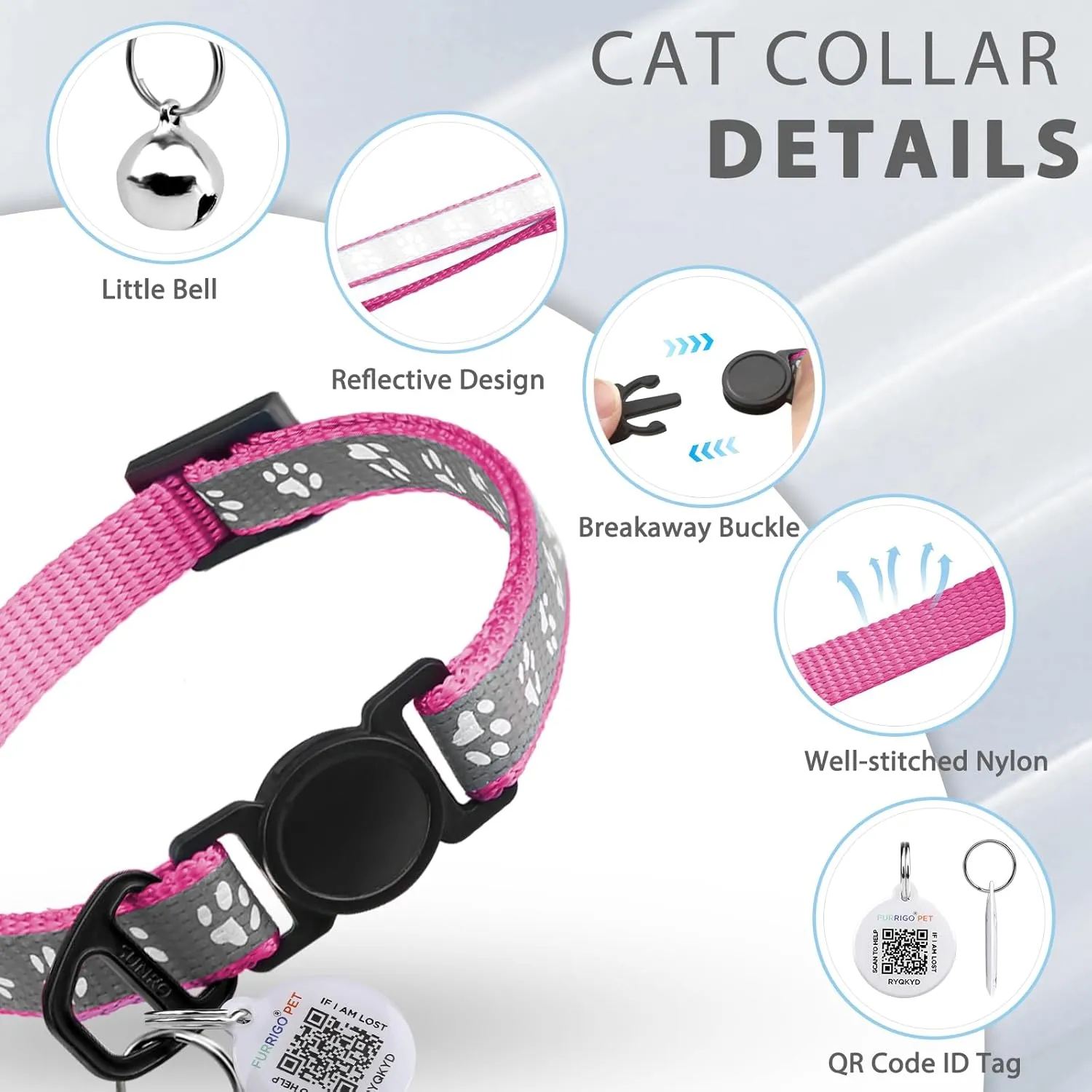 Cat Collar Breakaway with QR Code Name Tag, Reflective Kitten Collars with Bell, Cat ID Tag Personalized, Ultra-Durable, Adjustable, Quick Release, Fits Most Girl Boy Small Large Cats (8''-13.3'')