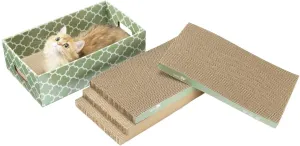 Cat Scratching Board5PC Cat Scratch Pad with BoxReversible Corrugated Cat Scratcher Cardboard and Lounge Bed for Indoor Cats, Catnip