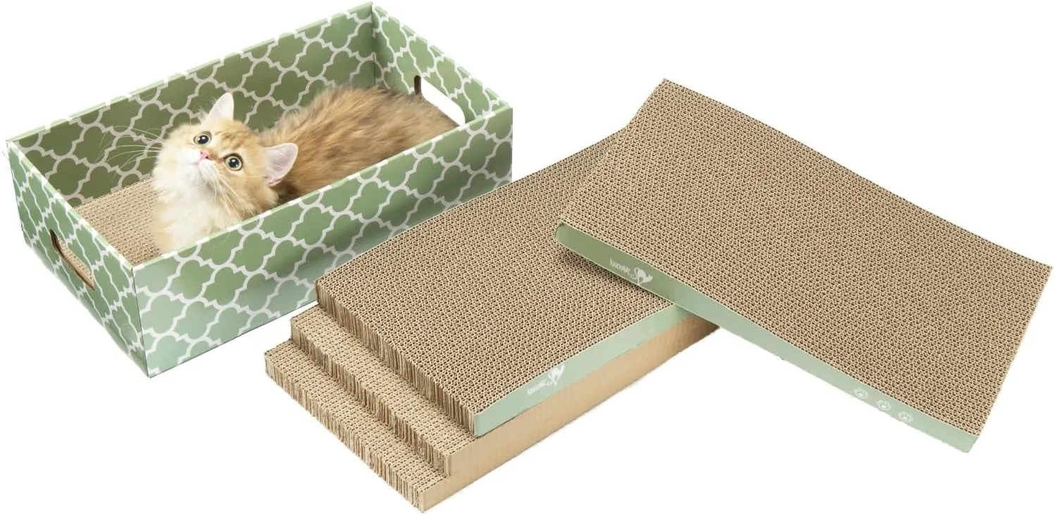 Cat Scratching Board5PC Cat Scratch Pad with BoxReversible Corrugated Cat Scratcher Cardboard and Lounge Bed for Indoor Cats, Catnip