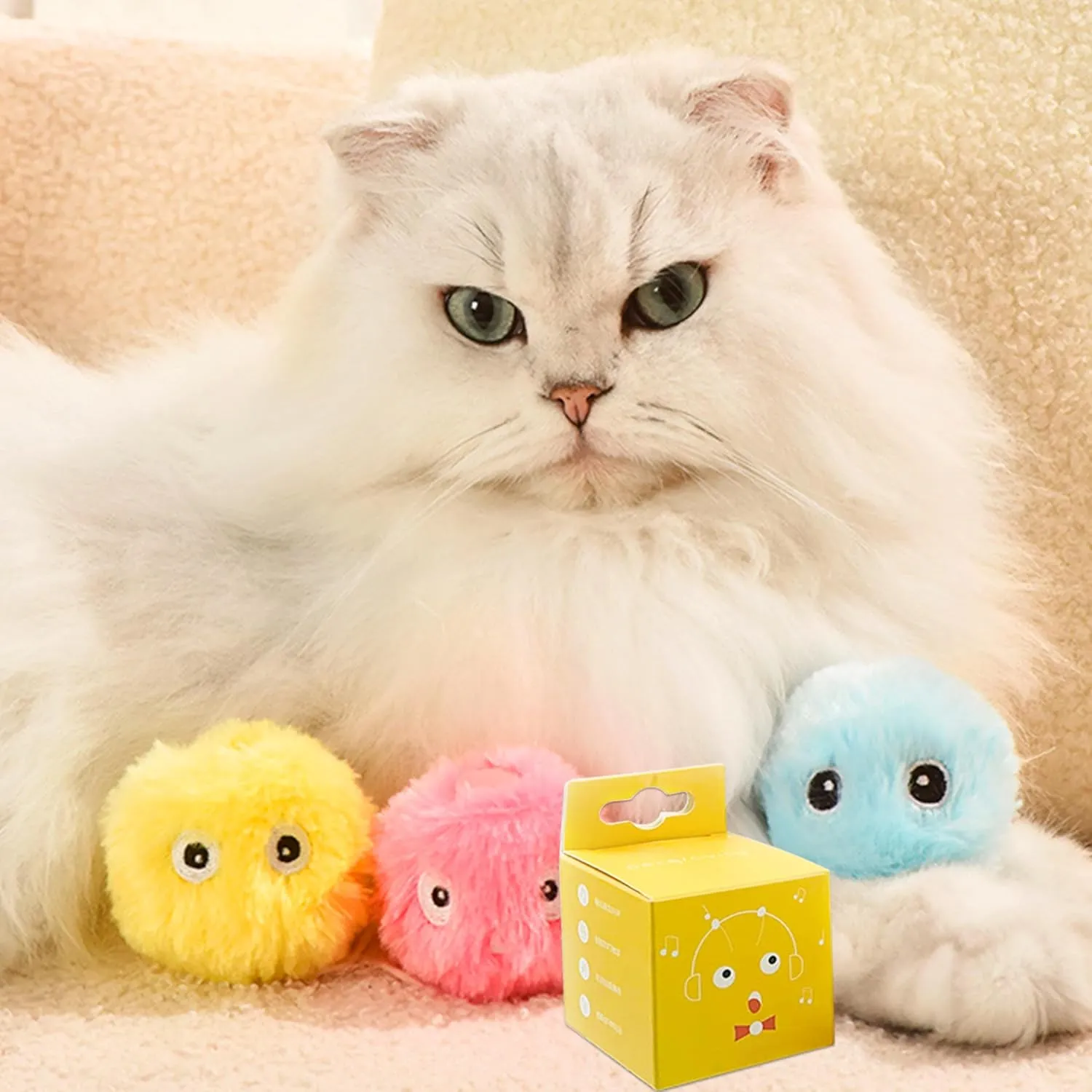 Cat Toy Balls with Sound, Chirping Cat Toys with Catnip, 3 Pcs Fluffy Plush Toy Balls, Interactive Kitten Toys for Indoor Cats (Bird Frog Crickets, Plush)